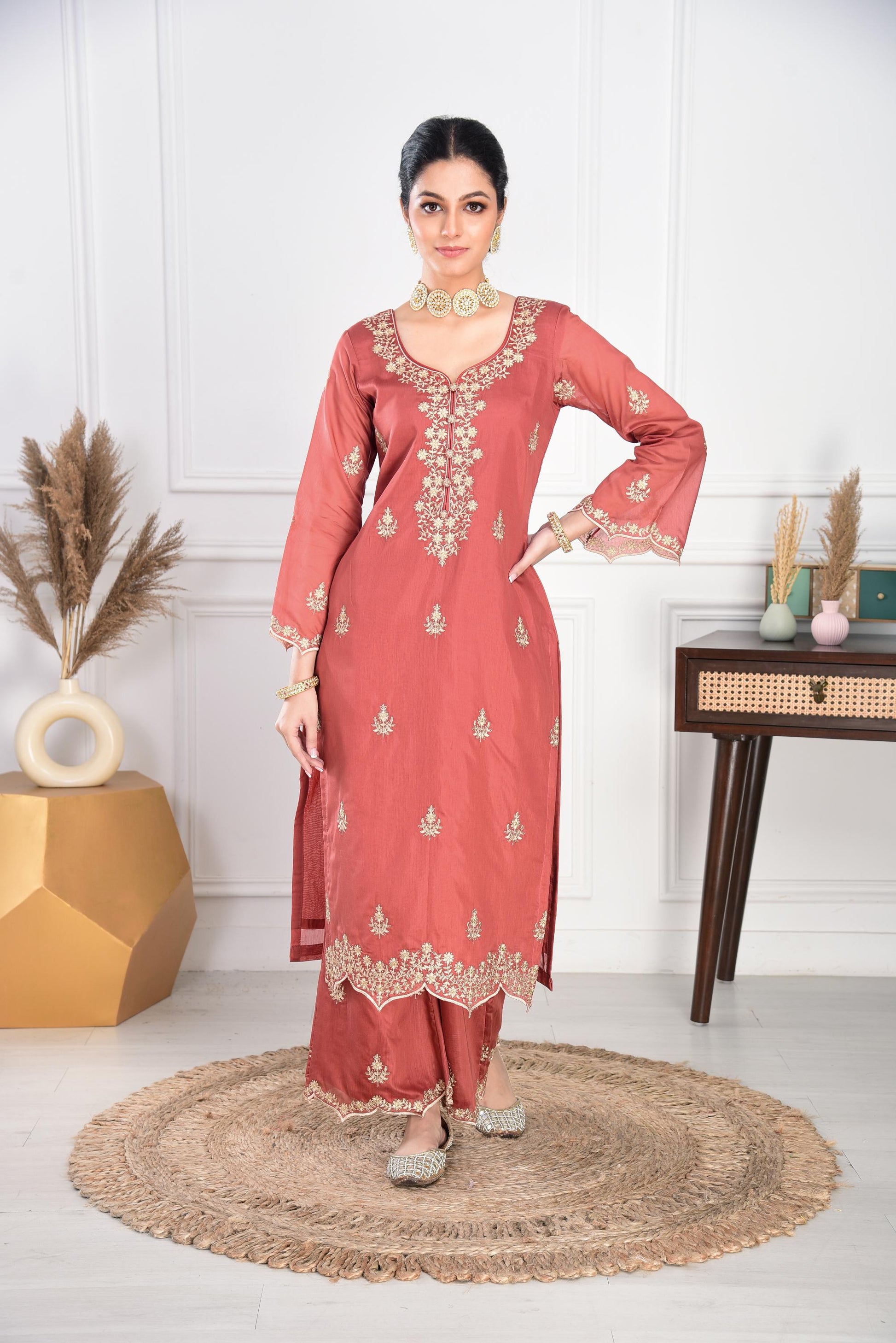 Rust Chanderi Silk Suit Set- NV