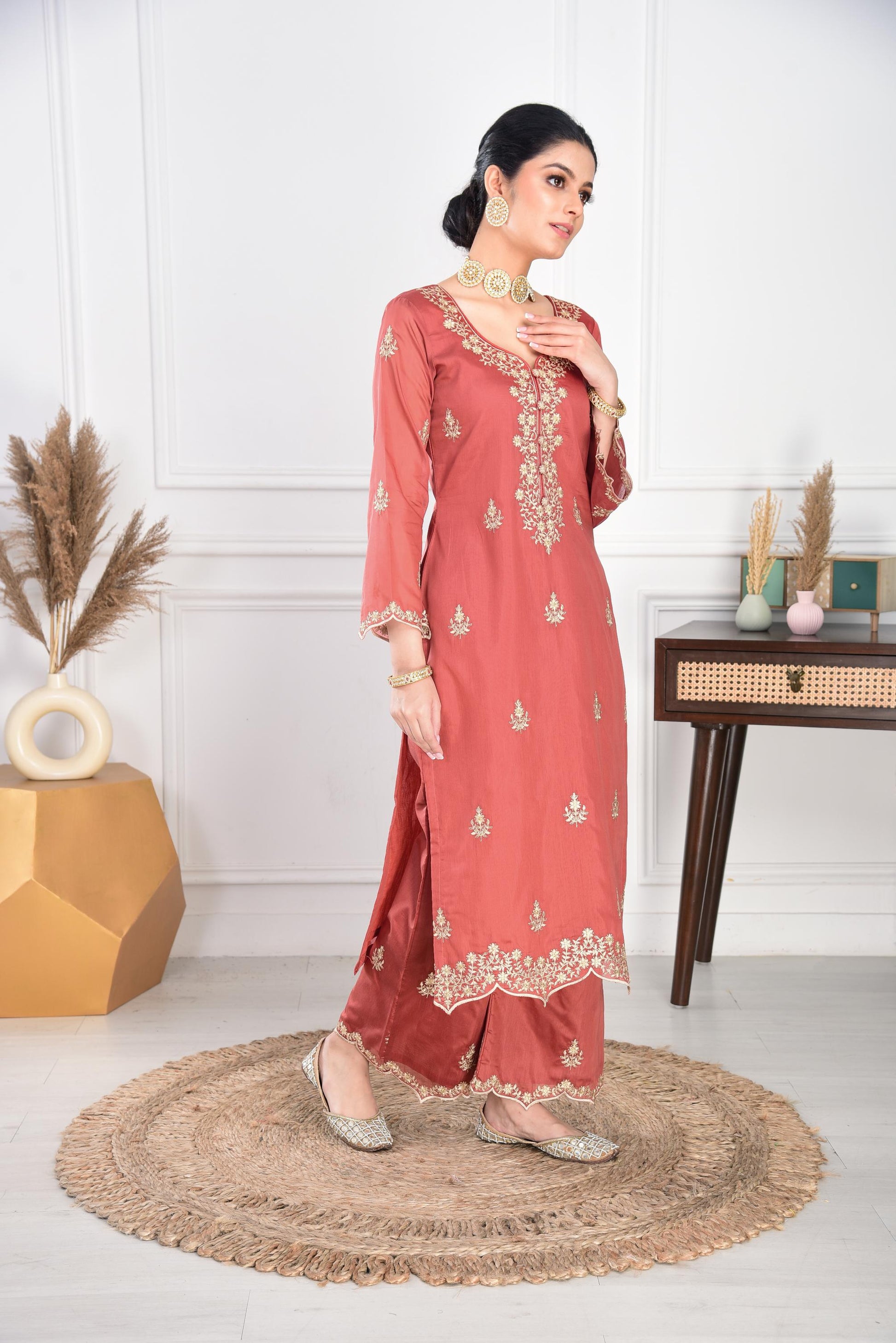 Rust Chanderi Silk Suit Set- NV