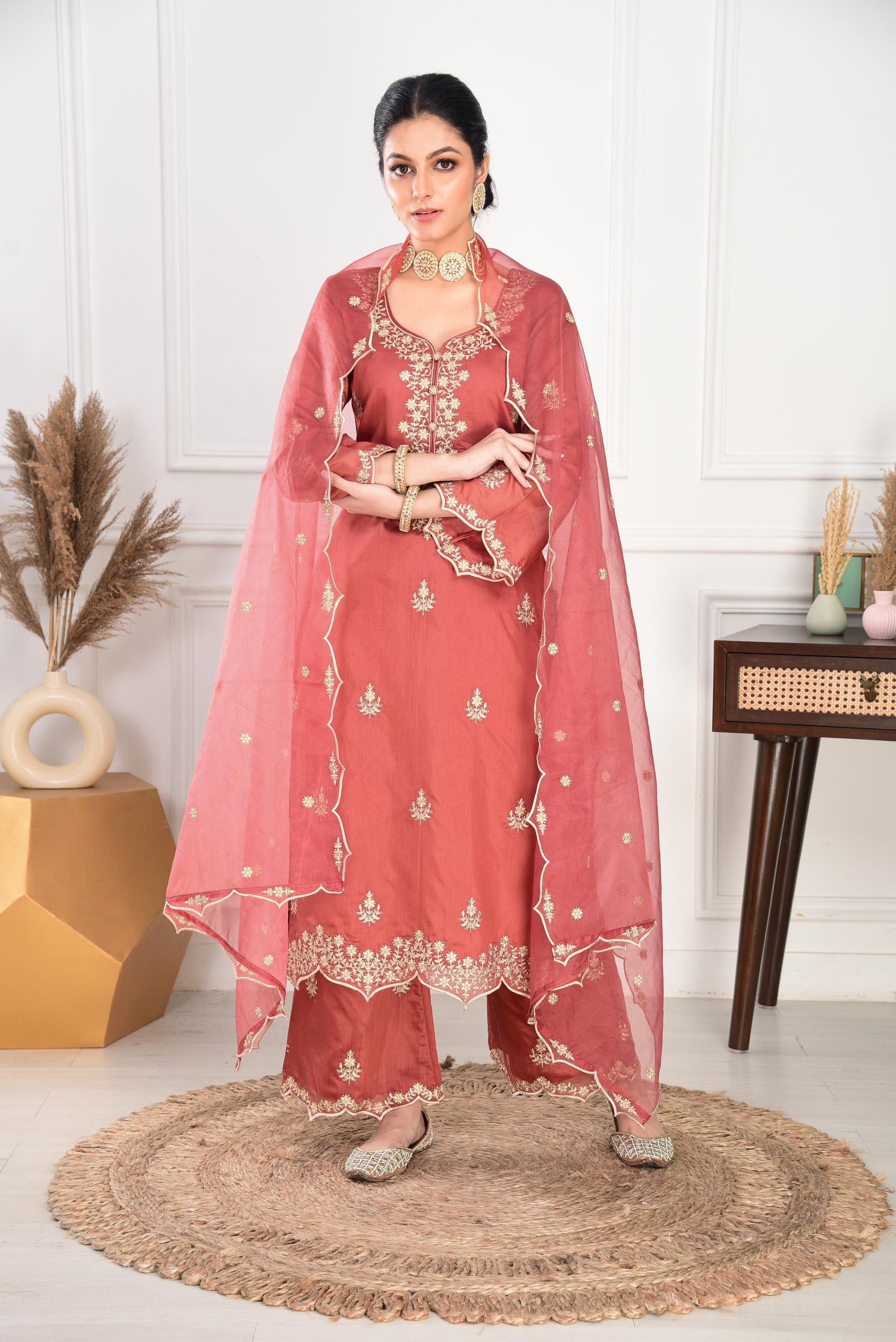 Rust Chanderi Silk Suit Set- NV