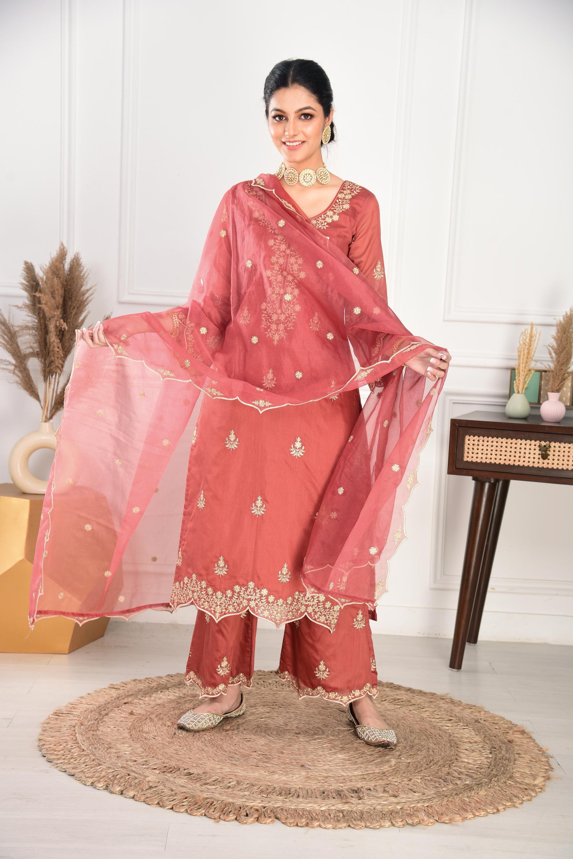 Rust Chanderi Silk Suit Set- NV
