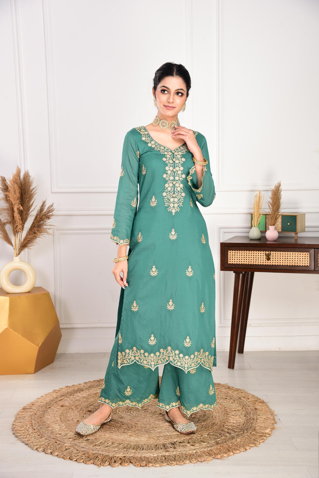 Pine Green Chanderi Silk Suit Set- NV