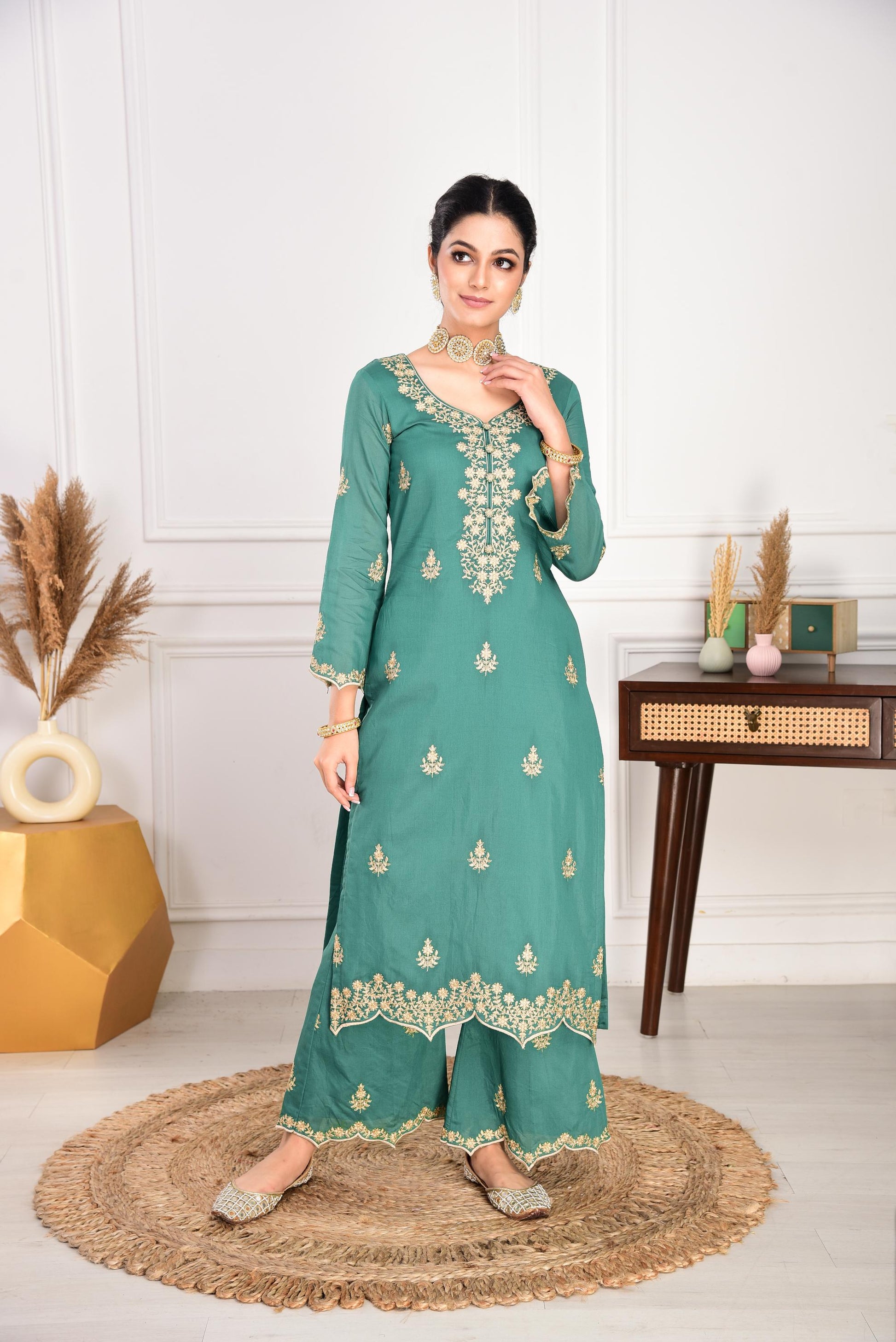 Pine Green Chanderi Silk Suit Set- NV