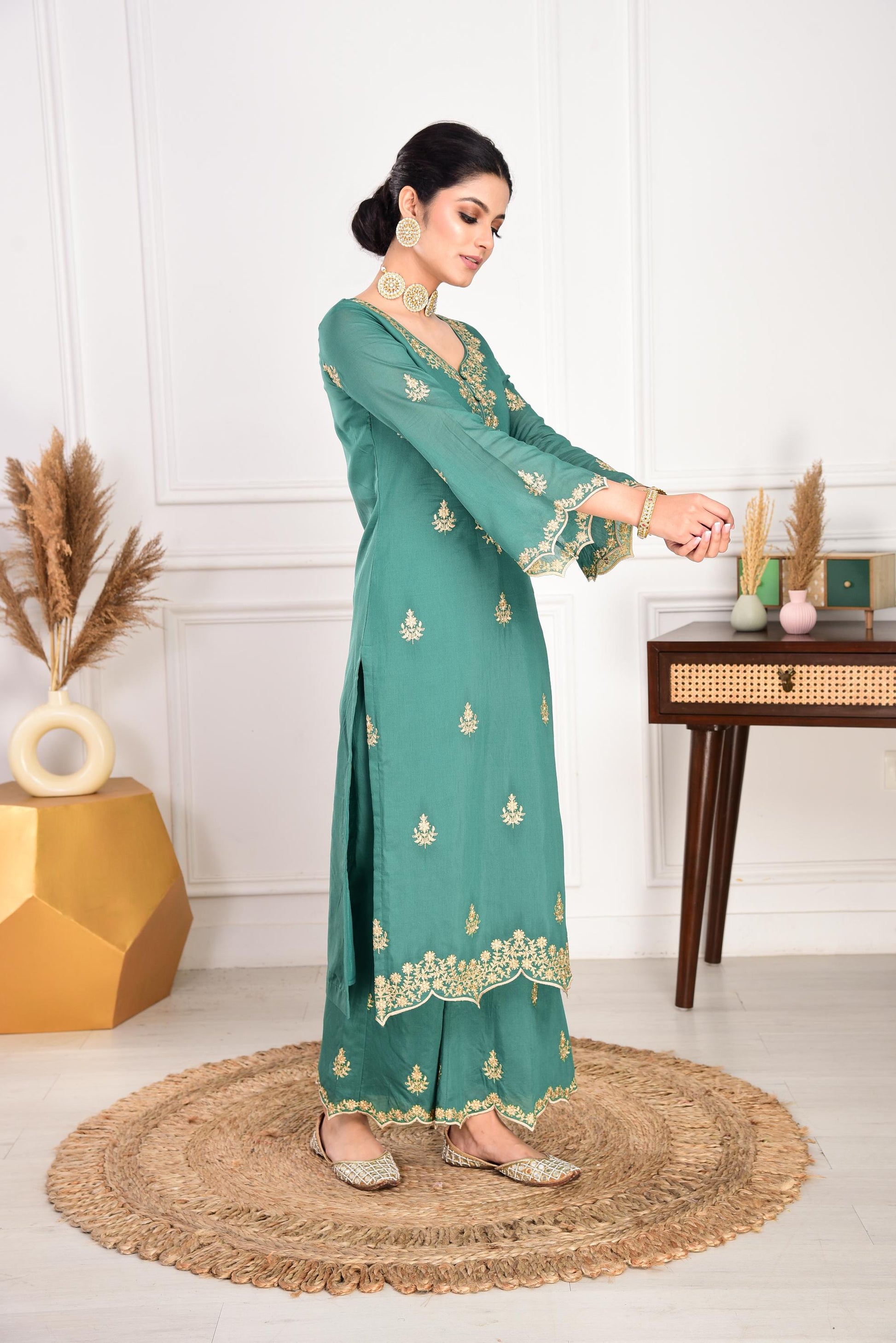 Pine Green Chanderi Silk Suit Set- NV