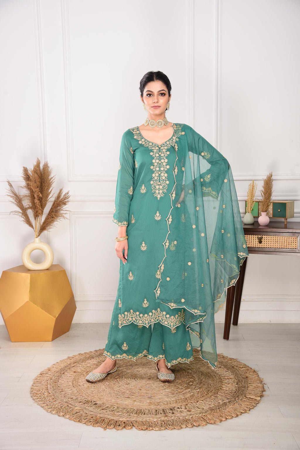 Pine Green Chanderi Silk Suit Set- NV