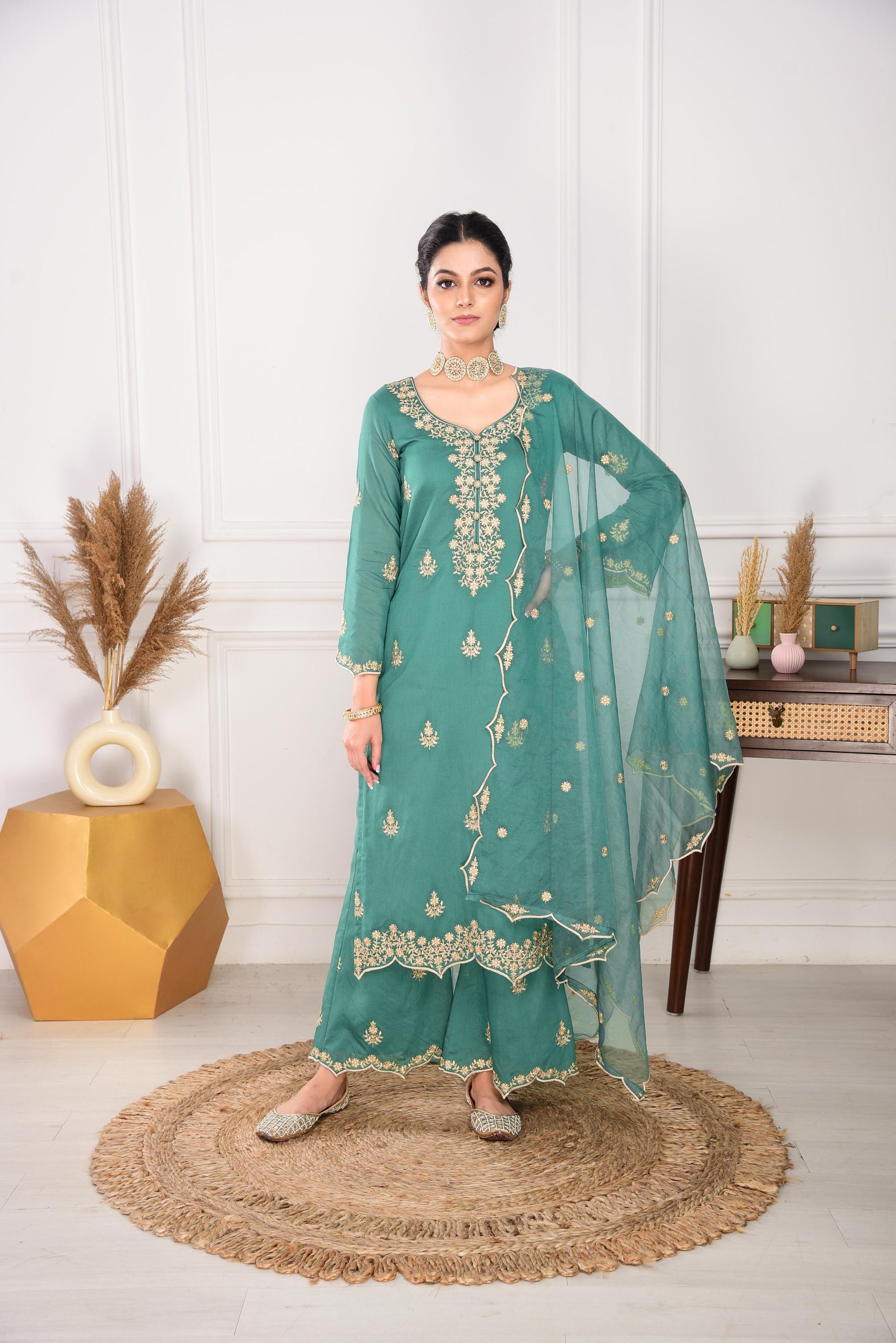 Pine Green Chanderi Silk Suit Set- NV
