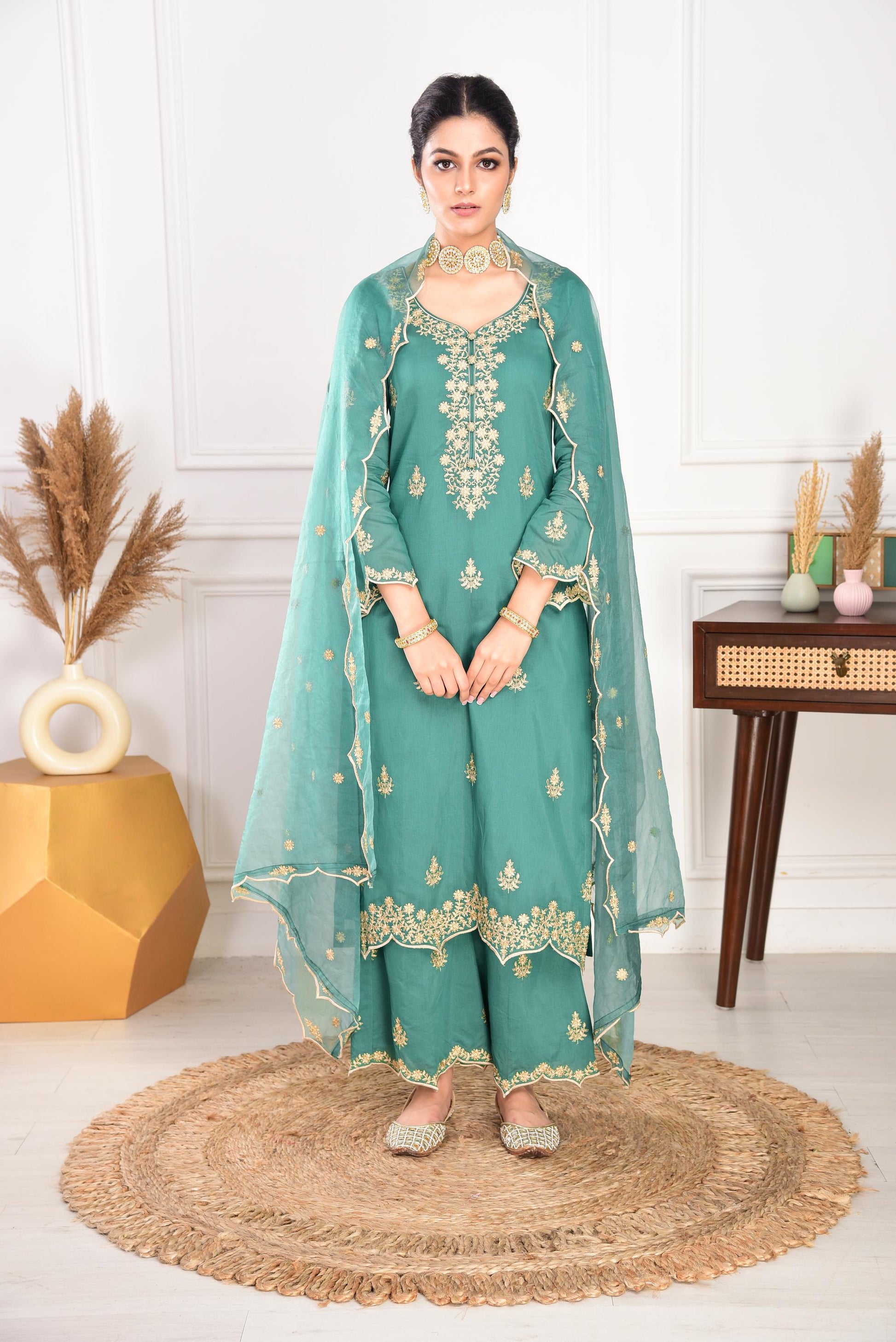 Pine Green Chanderi Silk Suit Set- NV