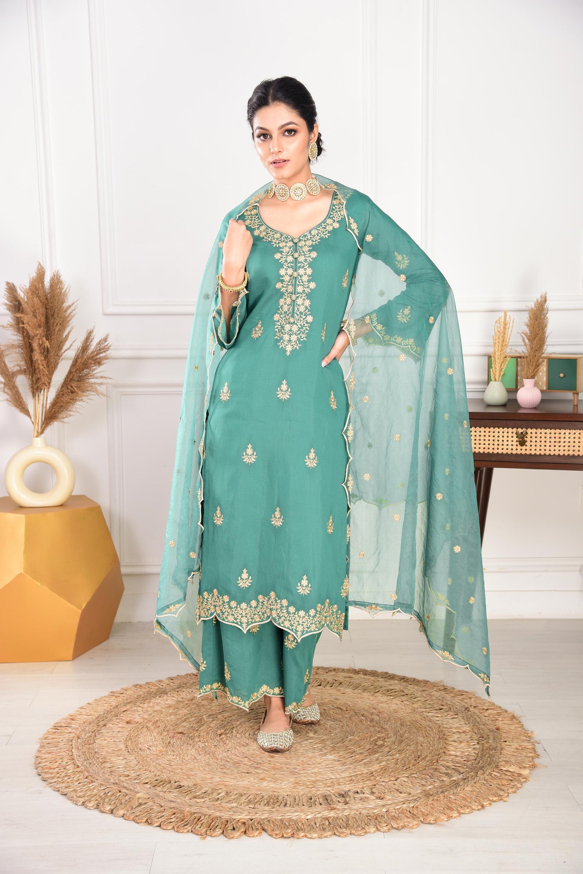 Pine Green Chanderi Silk Suit Set- NV
