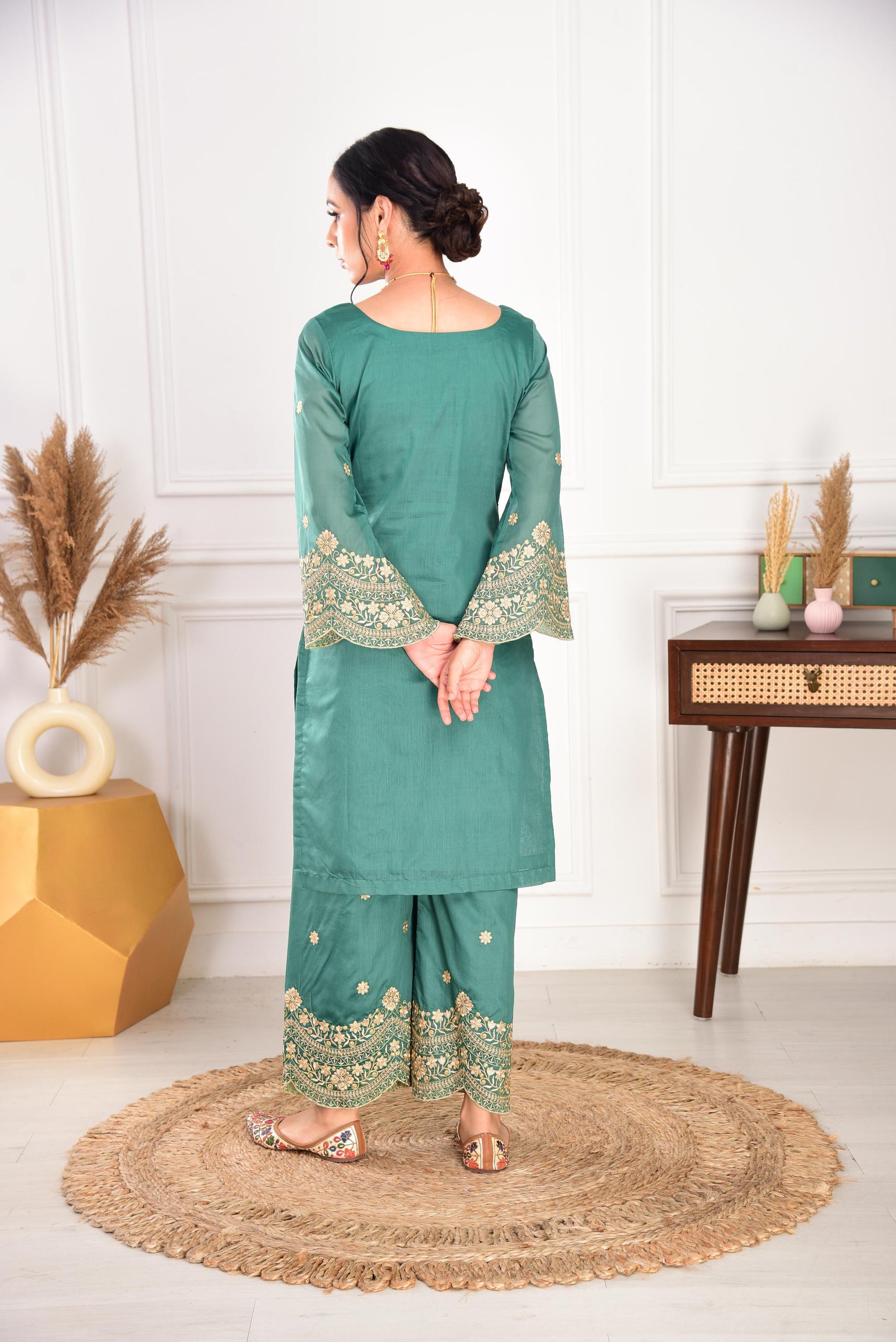 Pine Green Chanderi Silk Suit Set- NV