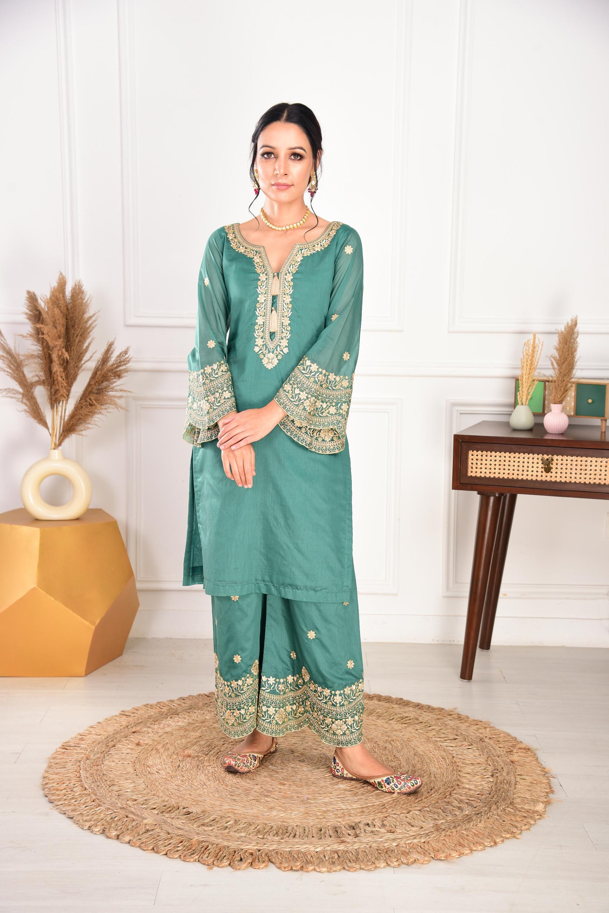 Pine Green Chanderi Silk Suit Set- NV