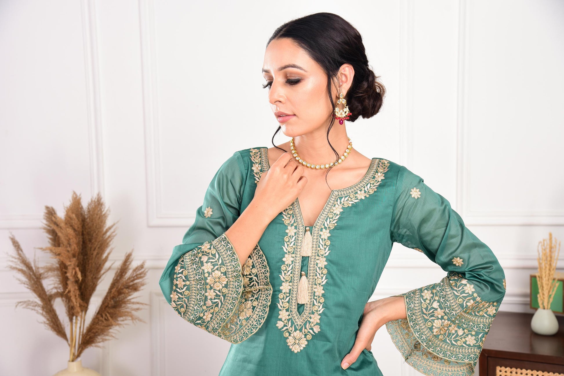 Pine Green Chanderi Silk Suit Set- NV