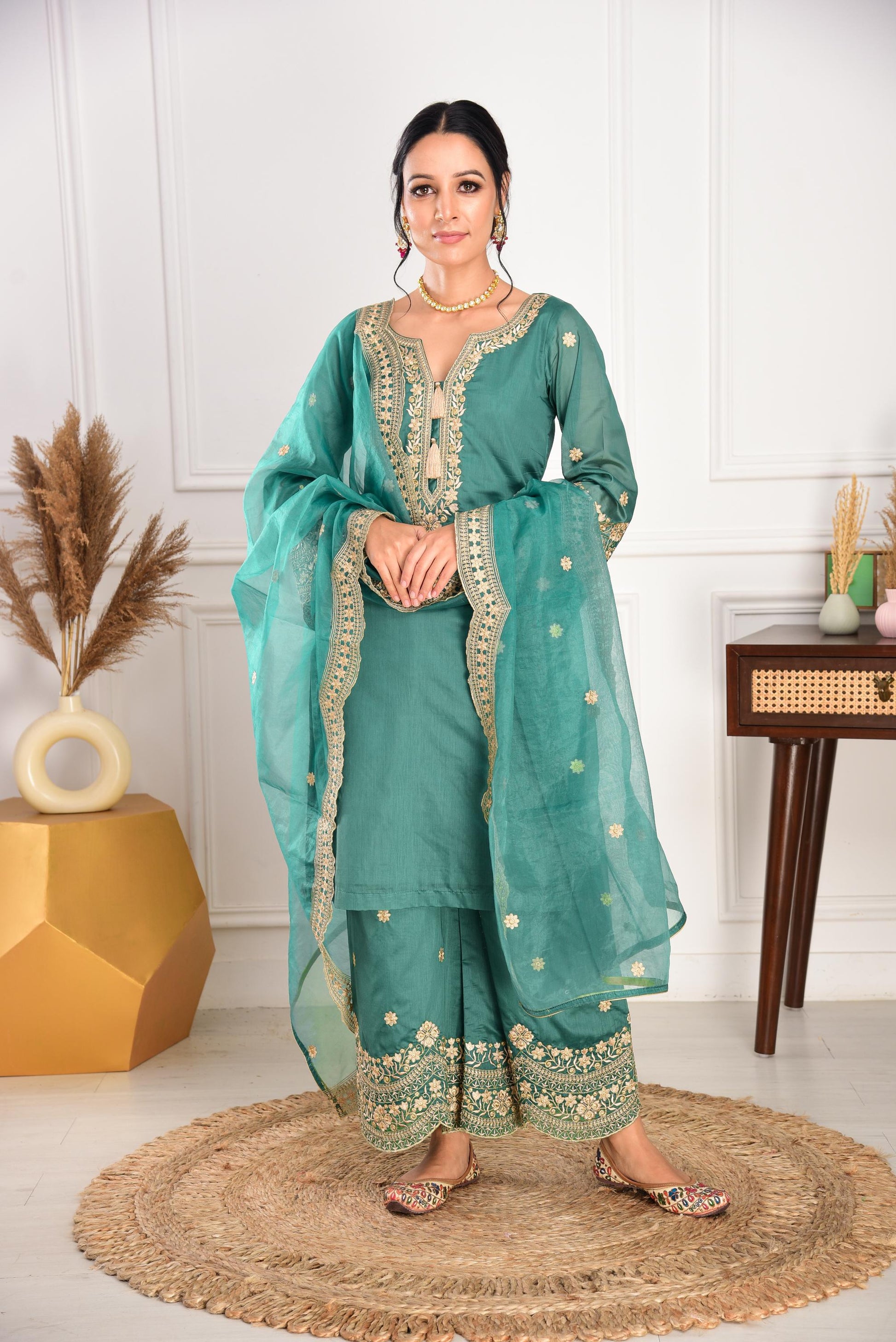 Pine Green Chanderi Silk Suit Set- NV