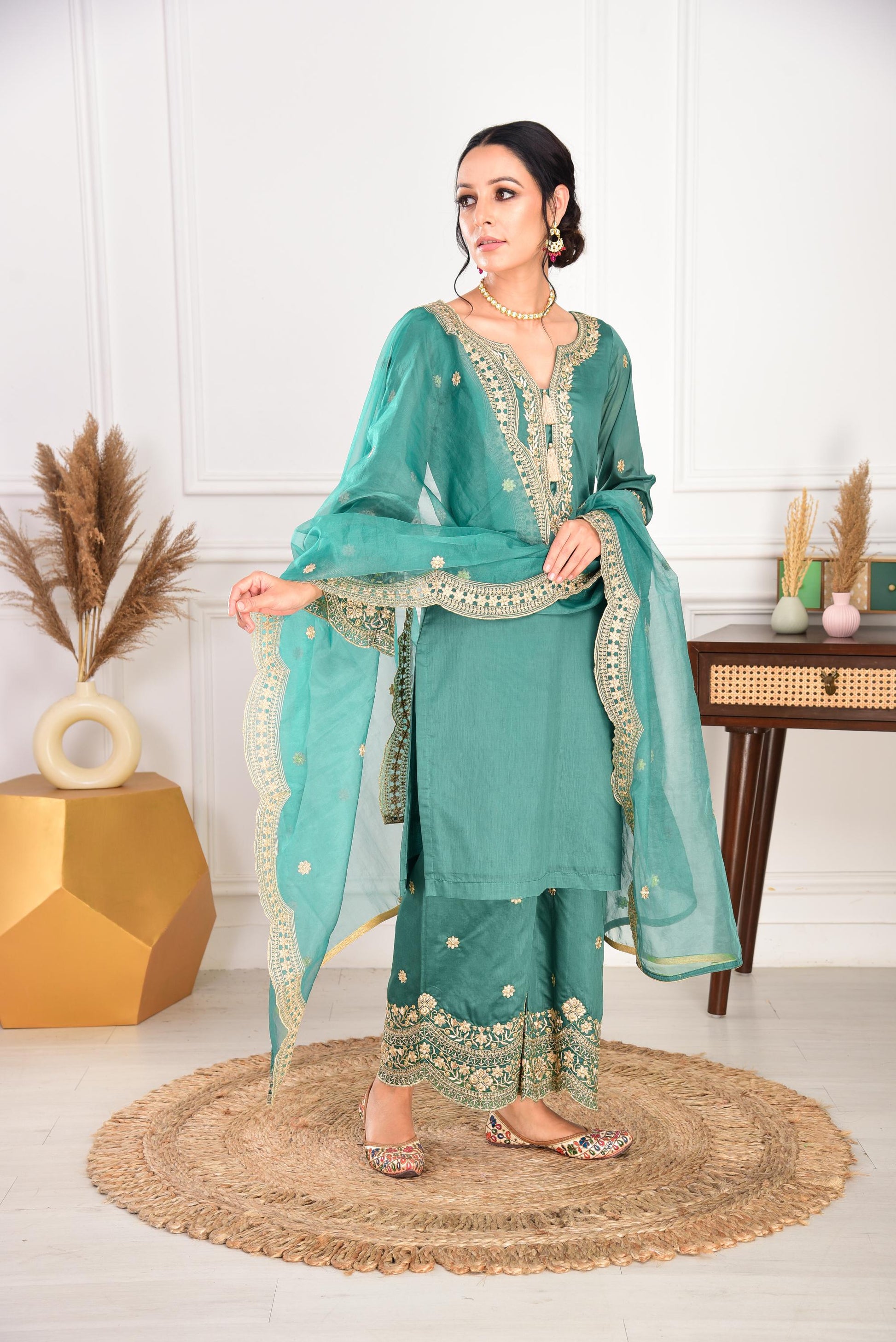 Pine Green Chanderi Silk Suit Set- NV