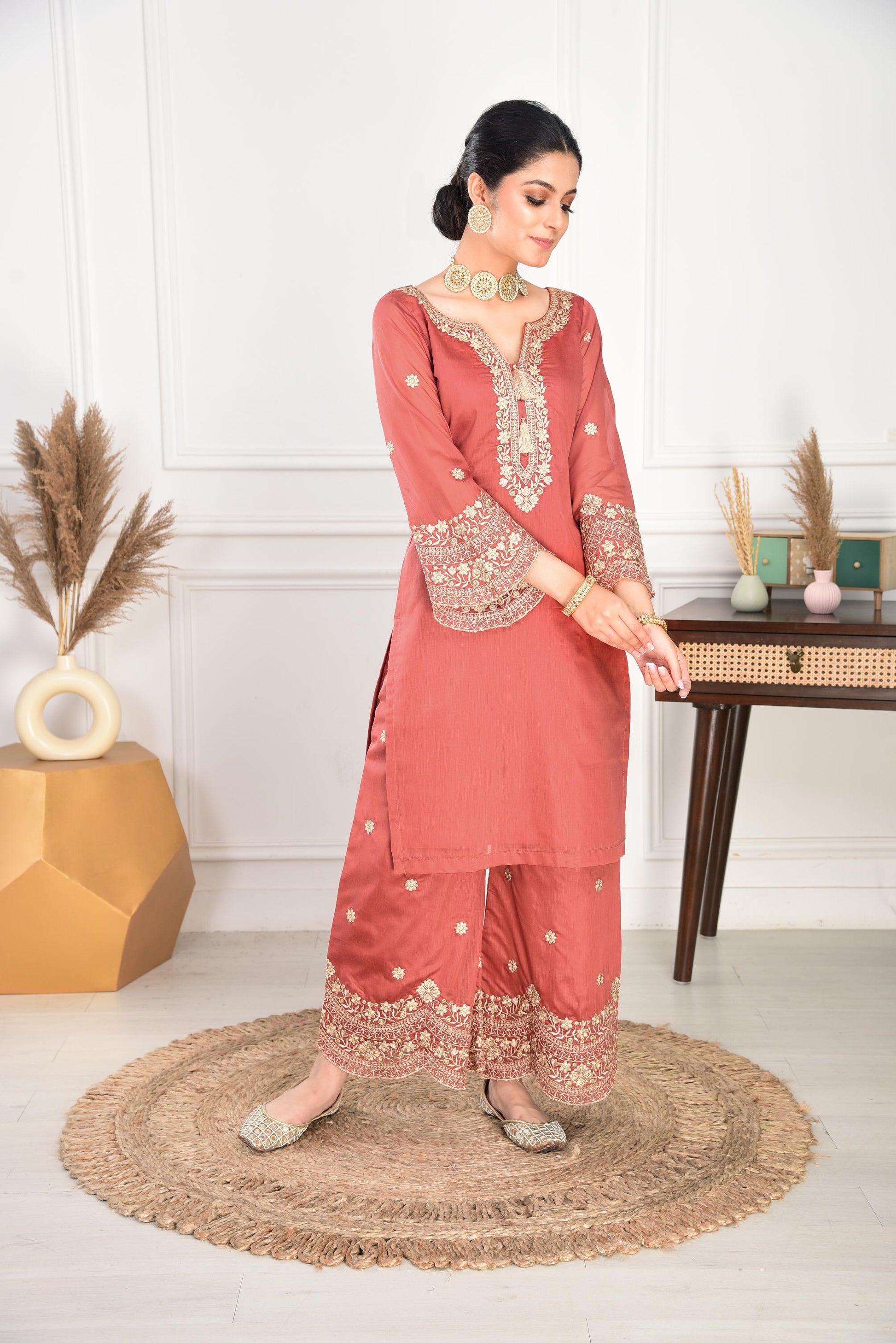Rust Chanderi Silk Suit Set- NV
