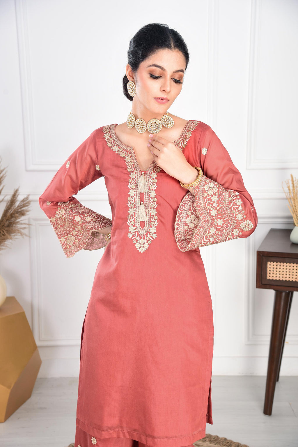 Rust Chanderi Silk Suit Set- NV