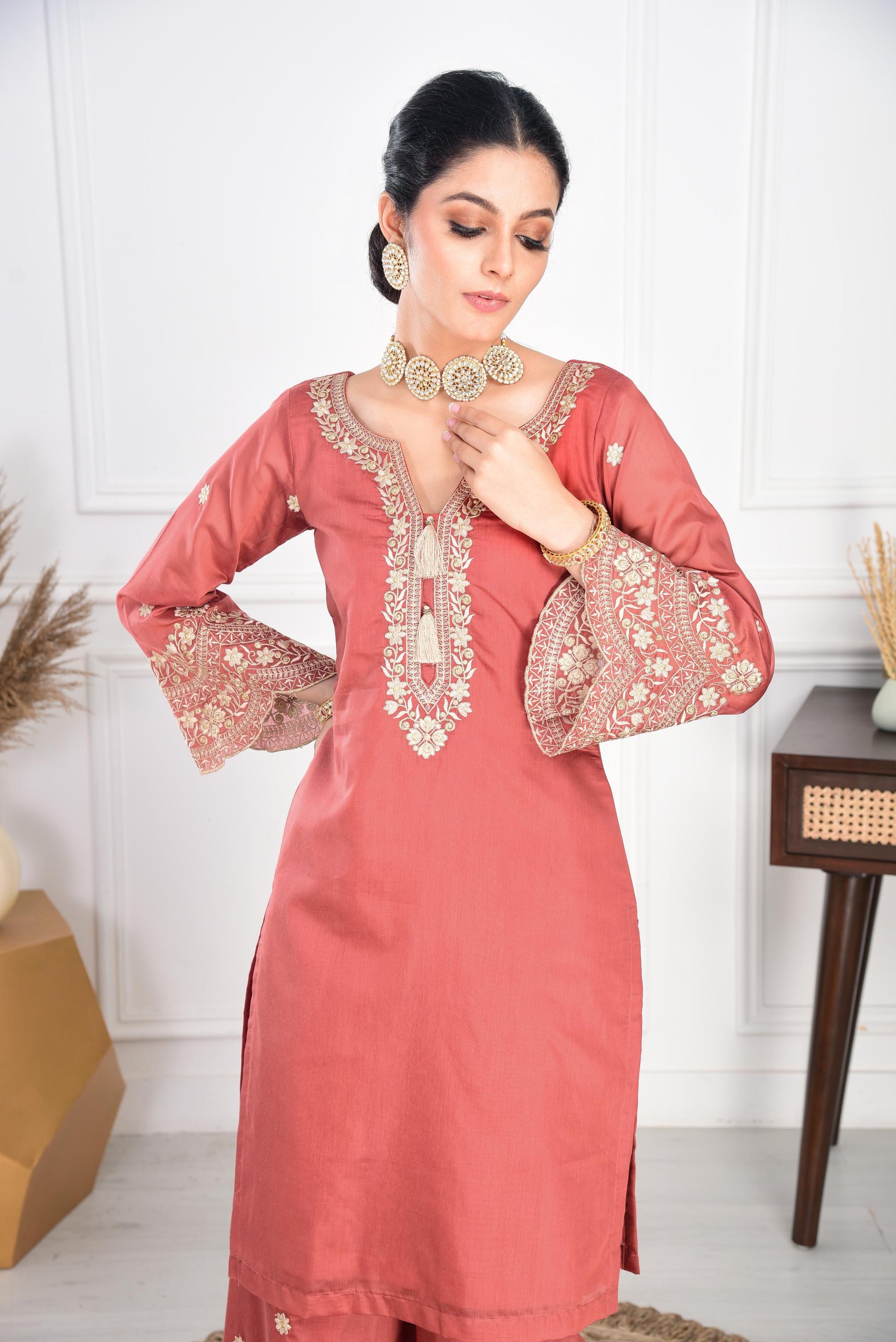 Rust Chanderi Silk Suit Set- NV