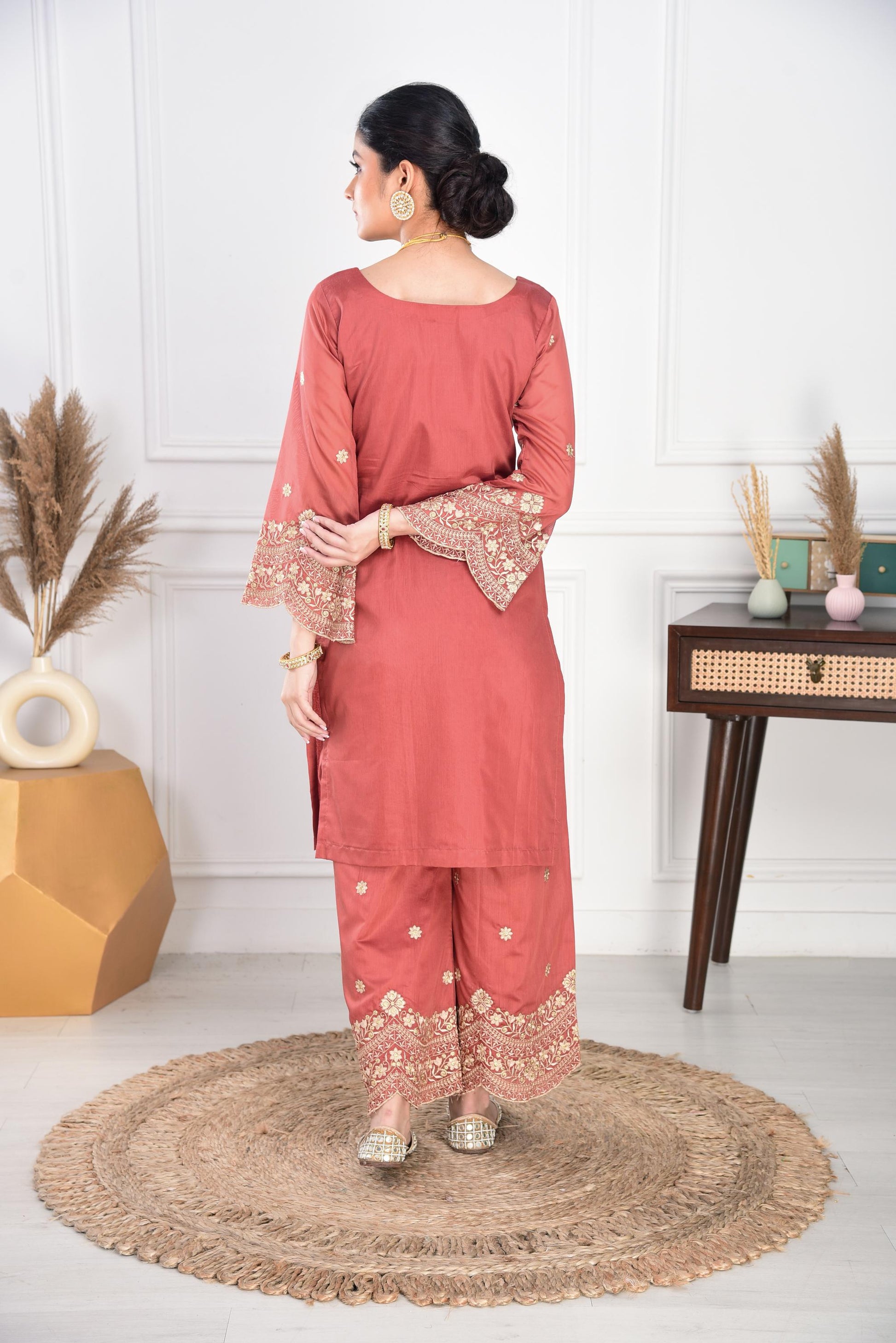 Rust Chanderi Silk Suit Set- NV