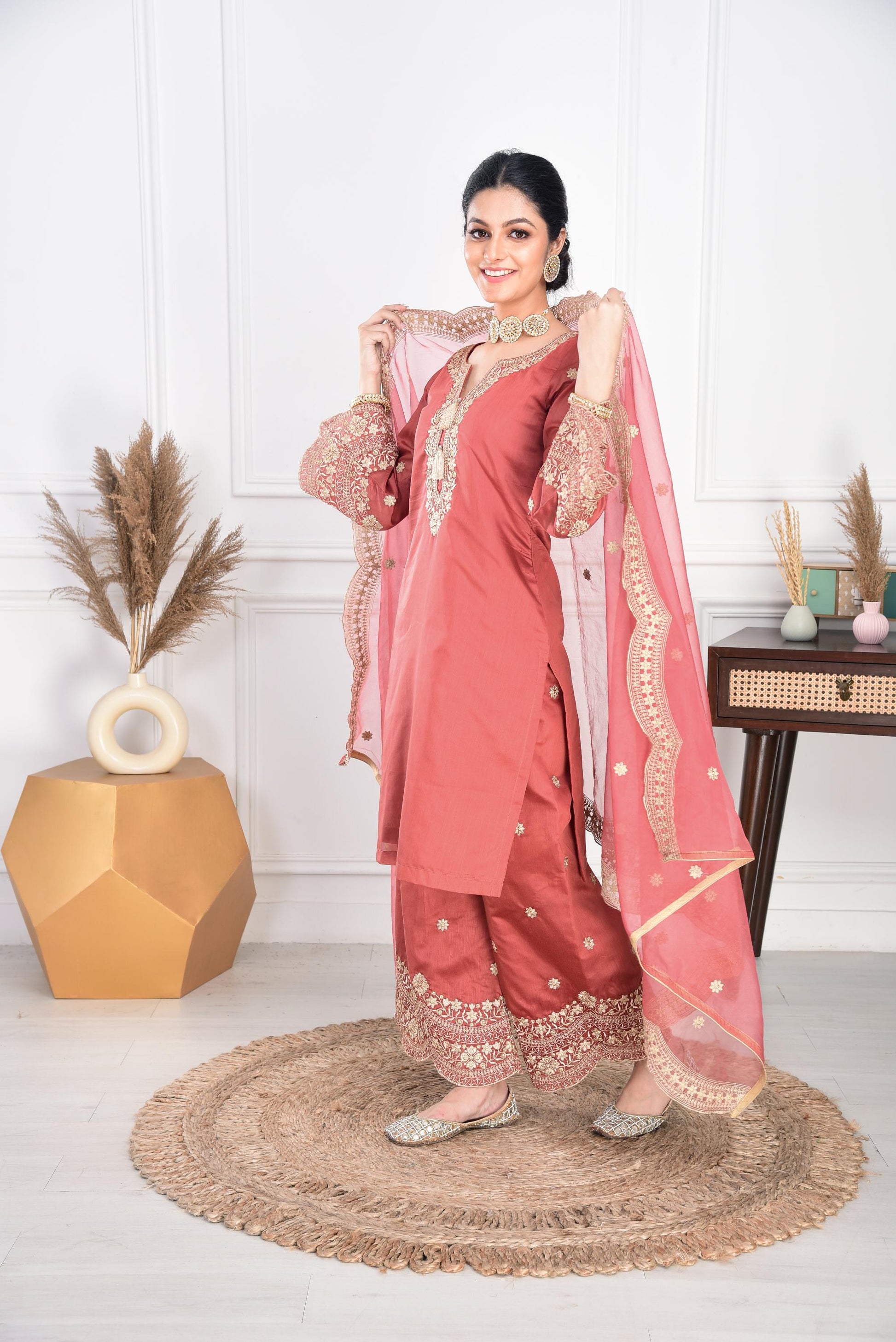 Rust Chanderi Silk Suit Set- NV
