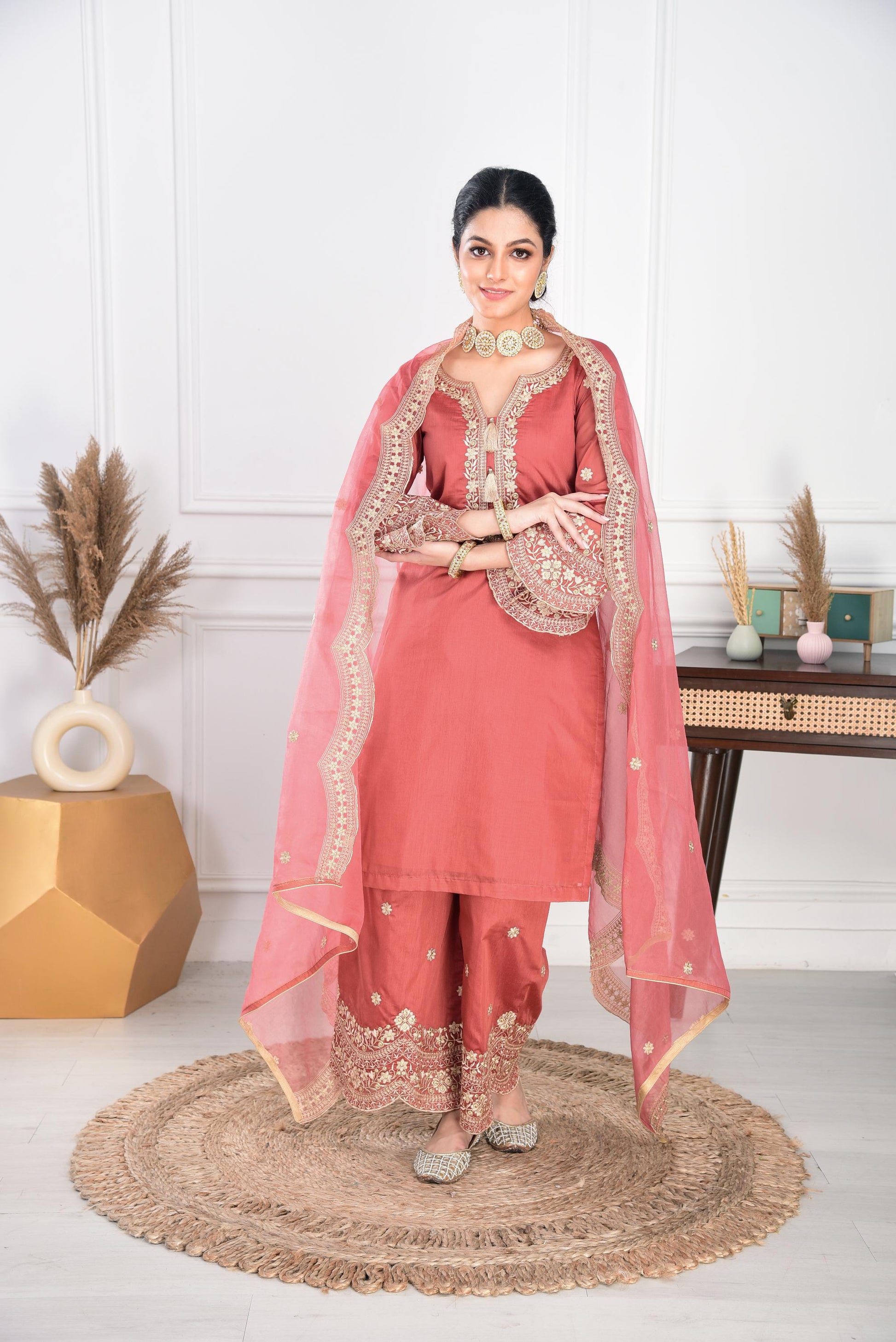 Rust Chanderi Silk Suit Set- NV
