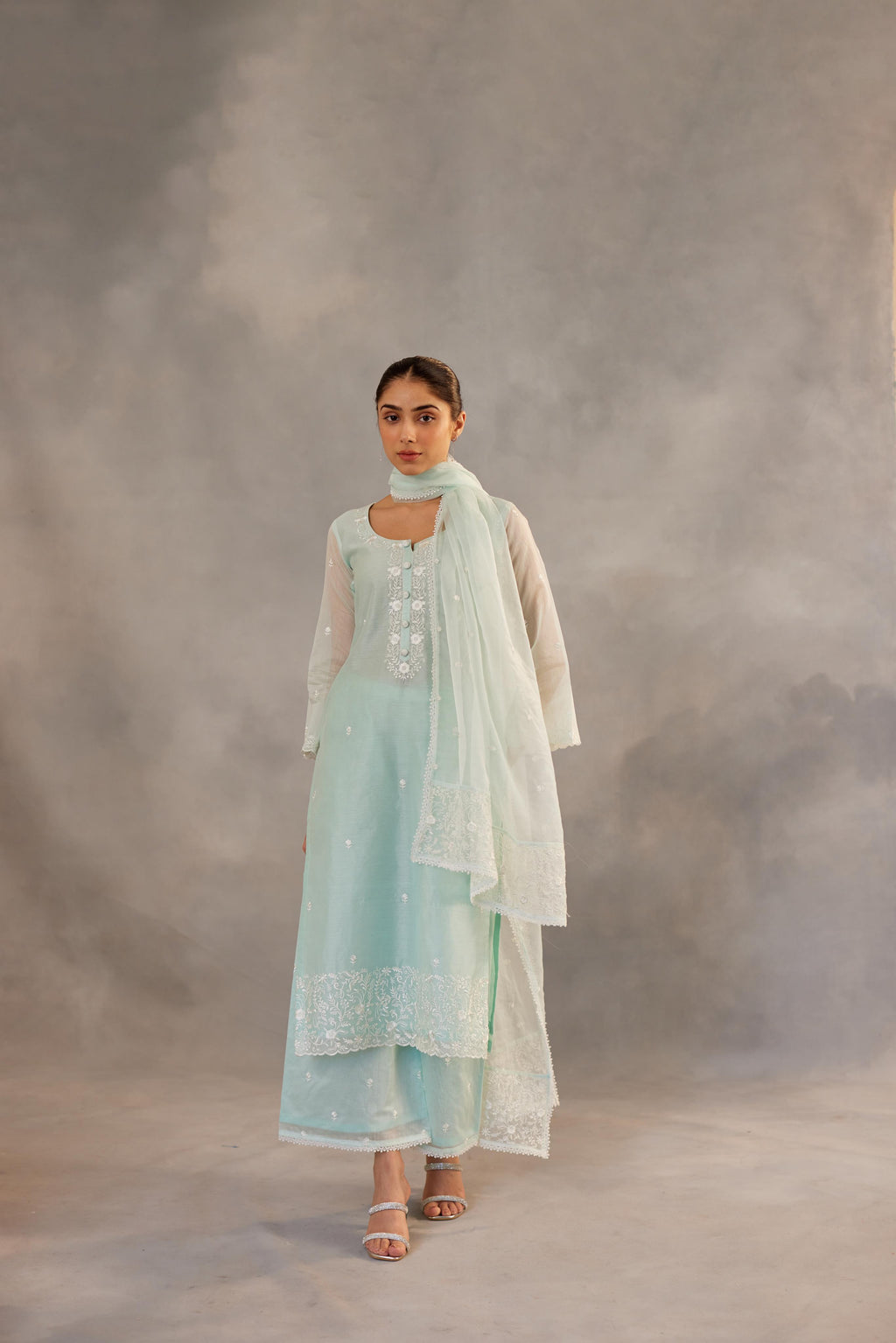 Savani - Mint Green Embroidered Suit Set.- NV