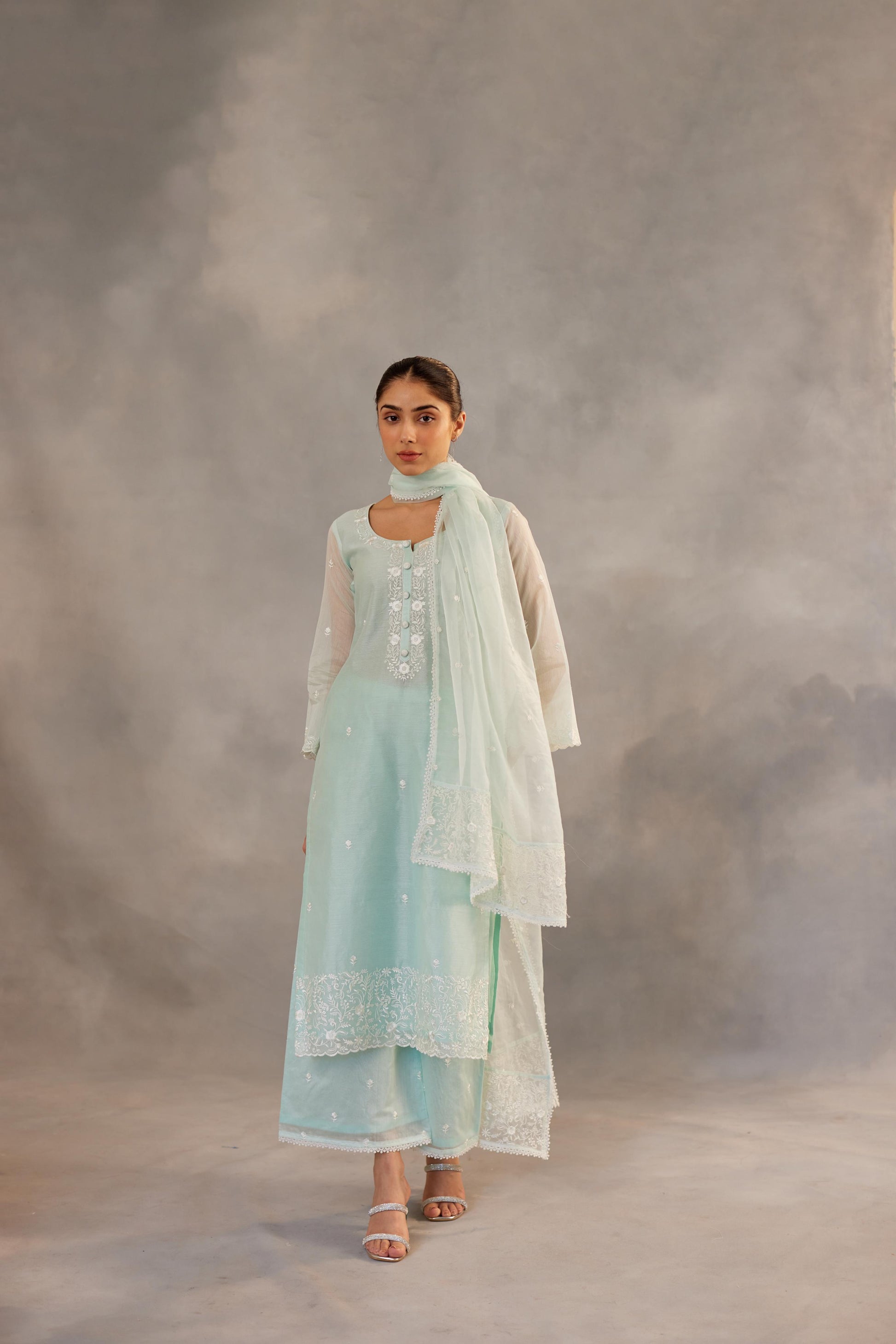 Savani - Mint Green Embroidered Suit Set.- NV