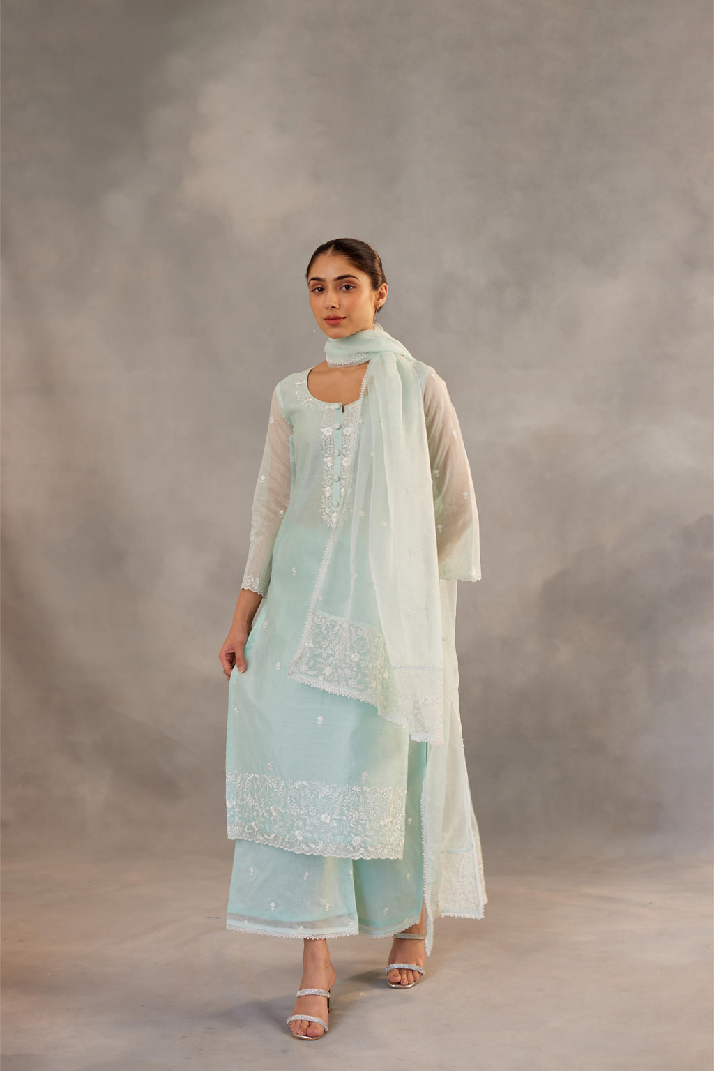 Savani - Mint Green Embroidered Suit Set.- NV