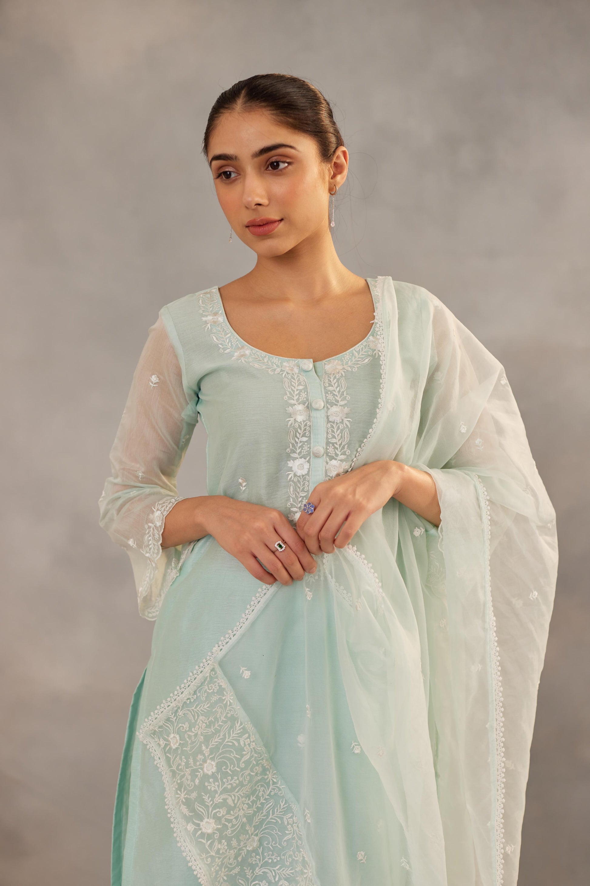 Savani - Mint Green Embroidered Suit Set.- NV