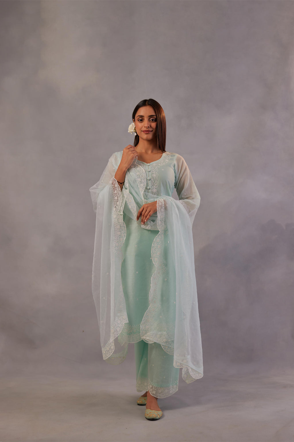 Sadabahaar - Mint Green Embroidered Suit Set.- NV