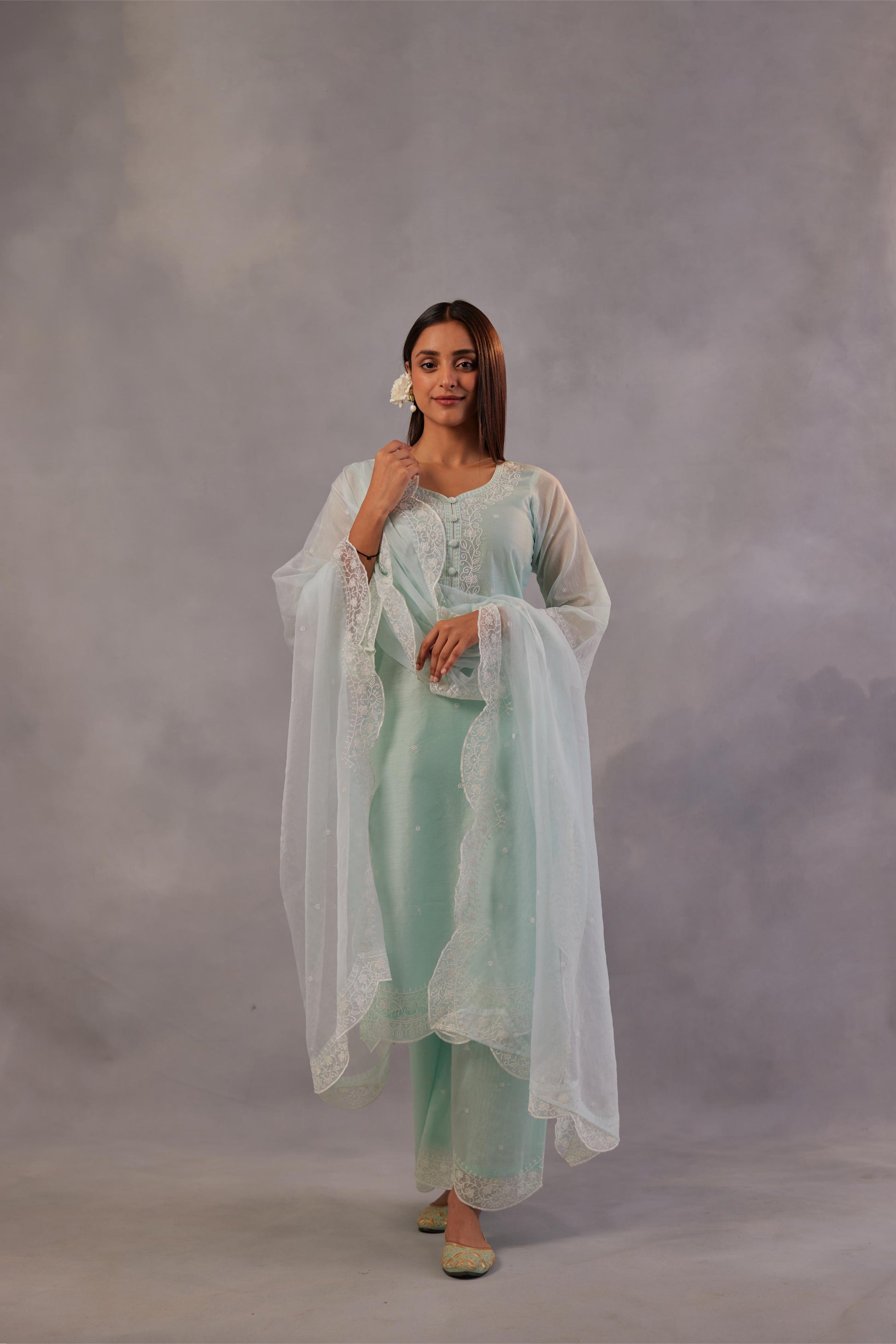 Sadabahaar - Mint Green Embroidered Suit Set.- NV