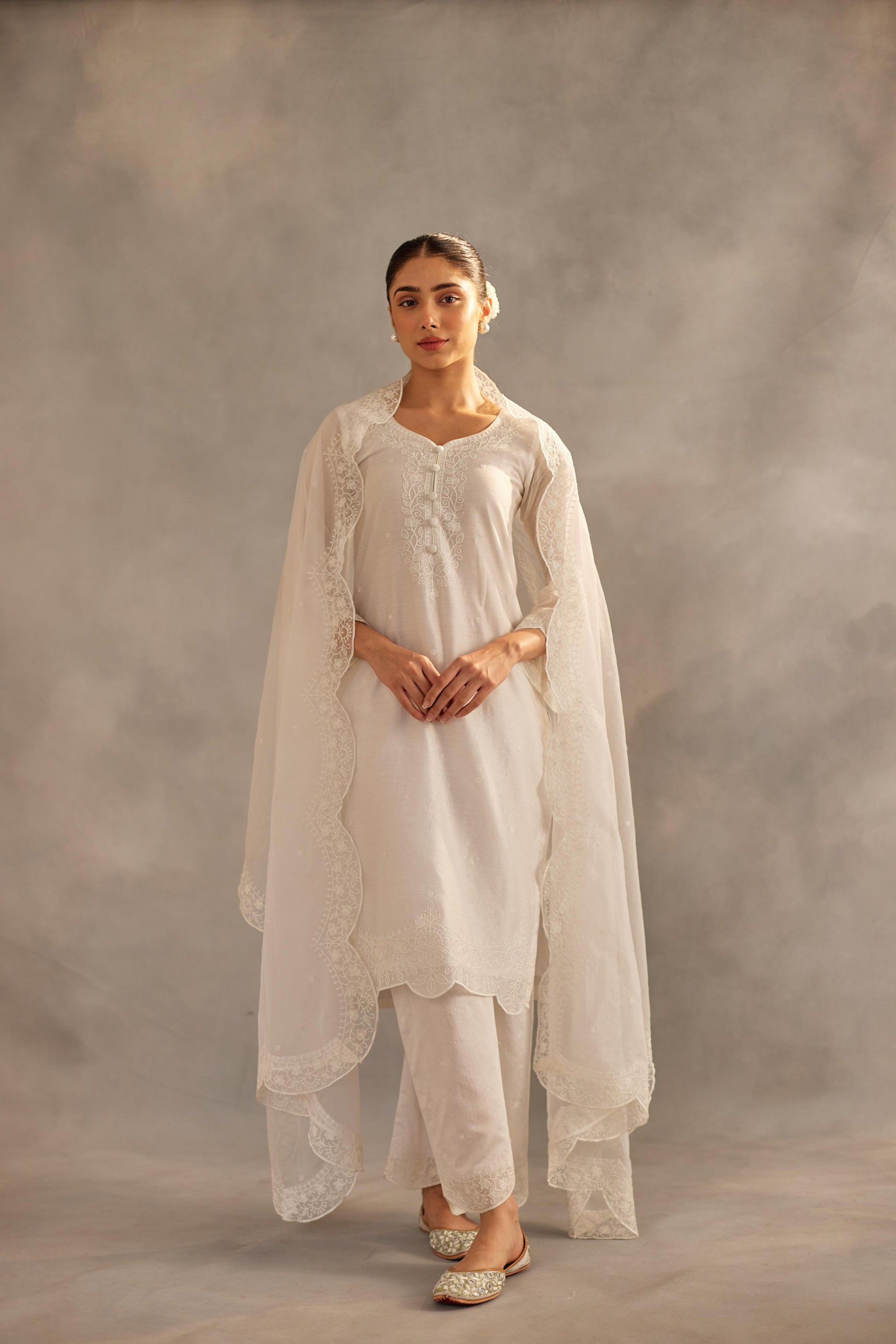 Juhi - Egg White Embroidered Suit Set.- NV