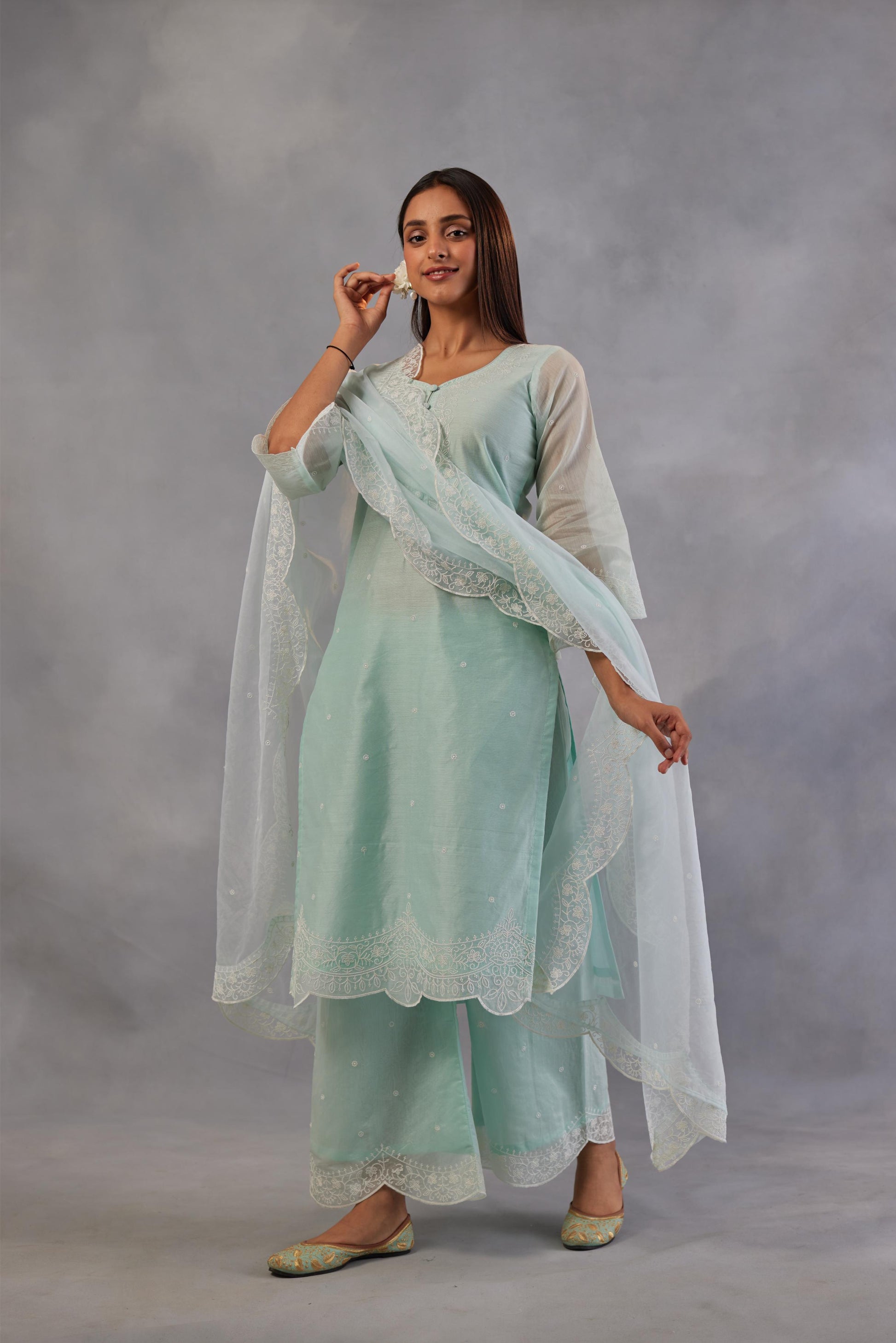 Sadabahaar - Mint Green Embroidered Suit Set.- NV