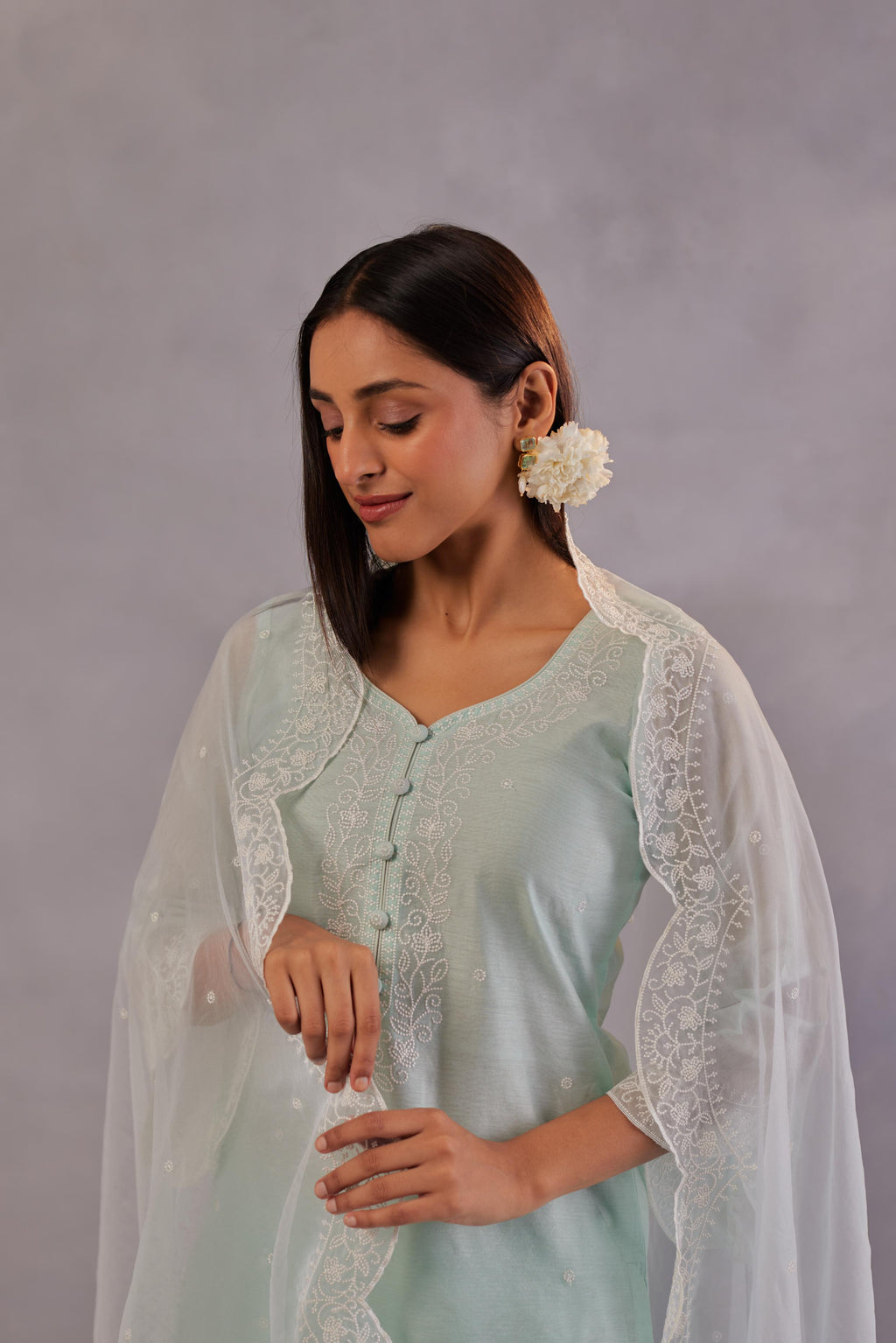 Sadabahaar - Mint Green Embroidered Suit Set.- NV