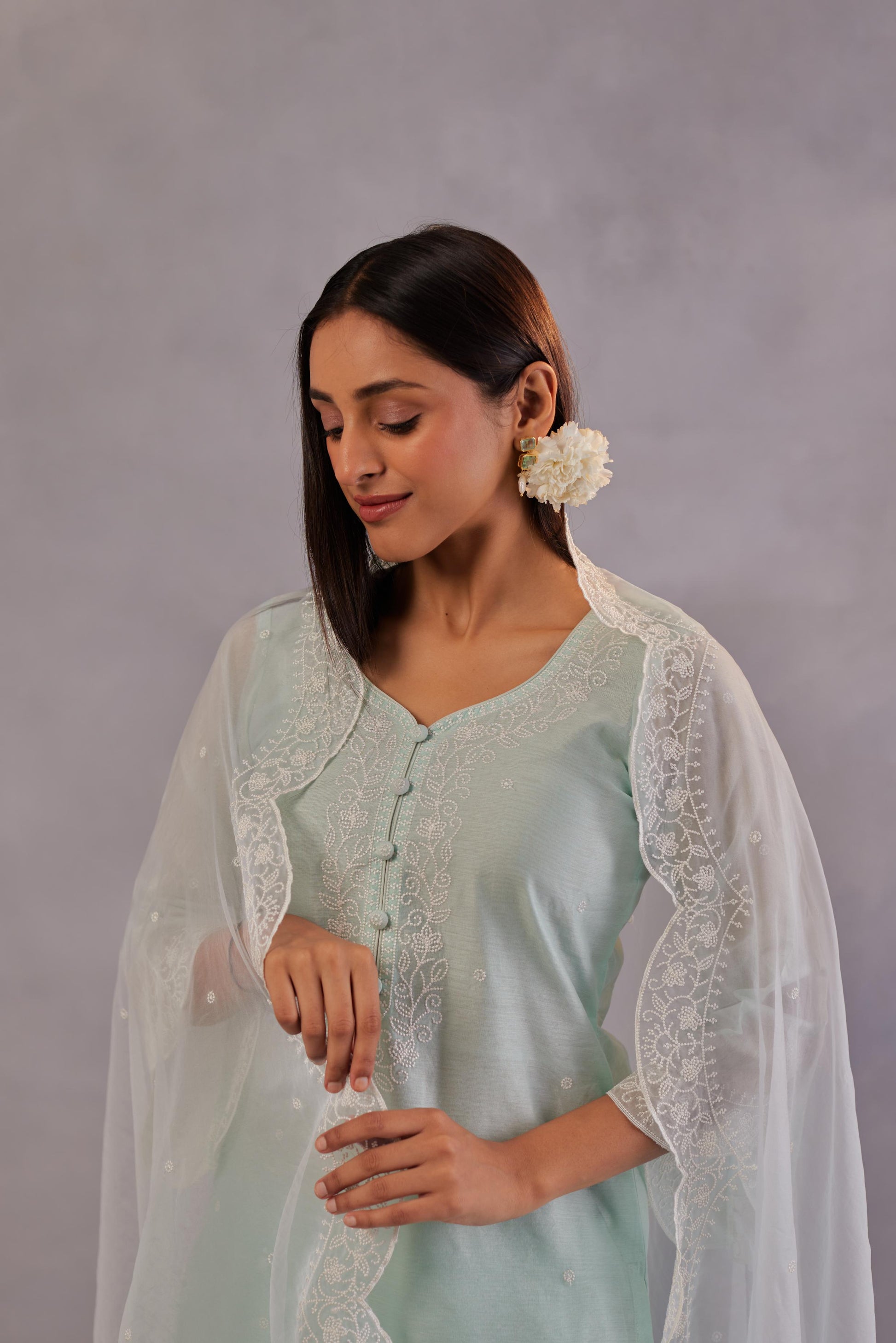 Sadabahaar - Mint Green Embroidered Suit Set.- NV