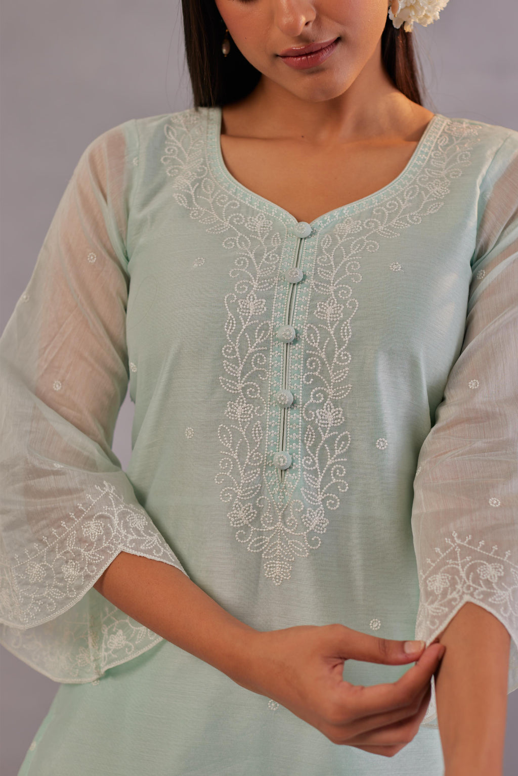 Sadabahaar - Mint Green Embroidered Suit Set.- NV
