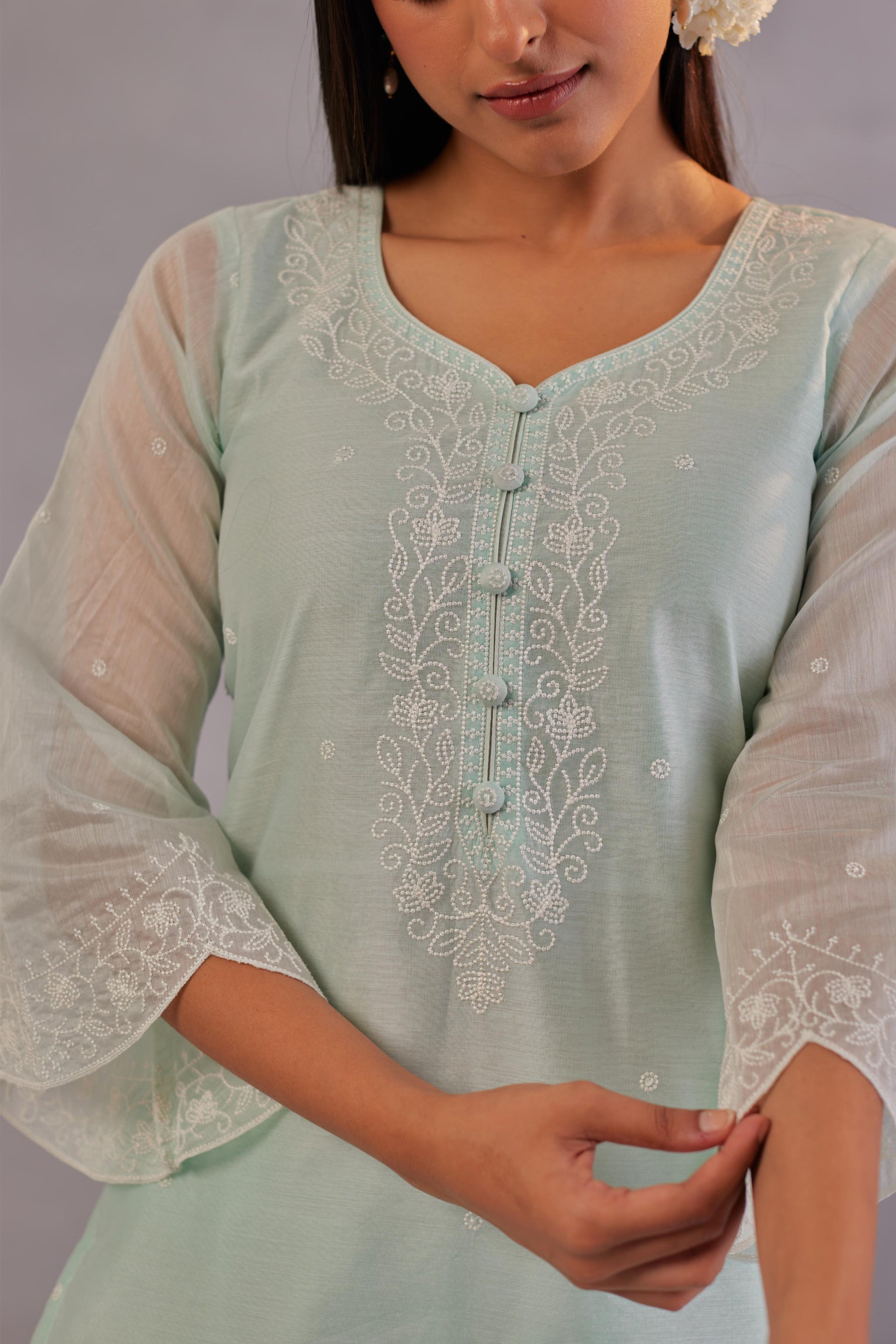 Sadabahaar - Mint Green Embroidered Suit Set.- NV