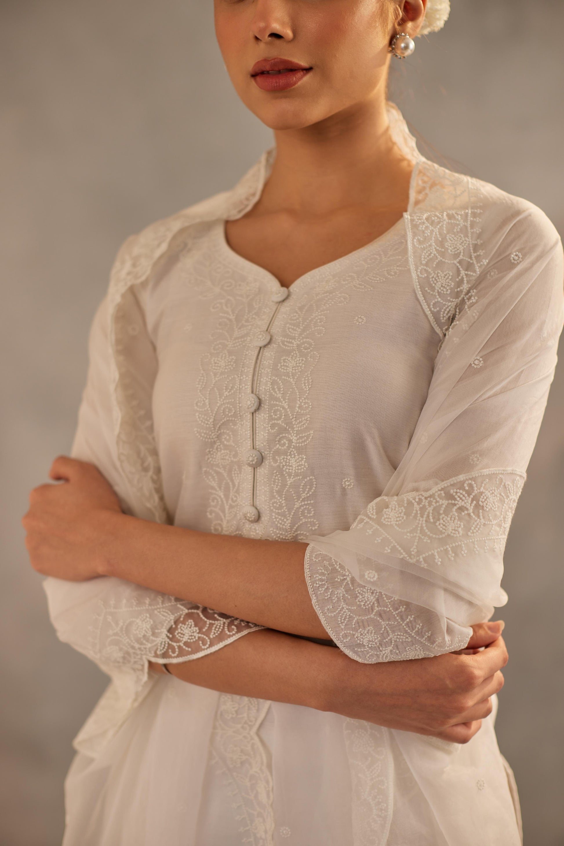 Juhi - Egg White Embroidered Suit Set.- NV