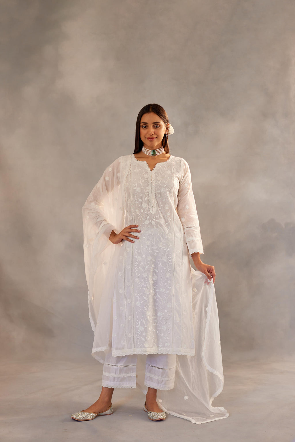 Motiya - Egg White Embroidered Suit Set.- NV