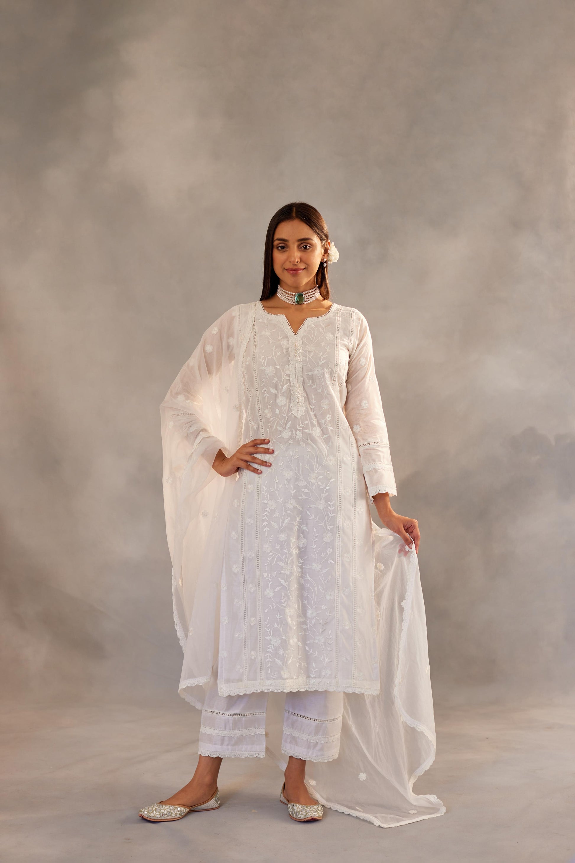 Motiya - Egg White Embroidered Suit Set.- NV