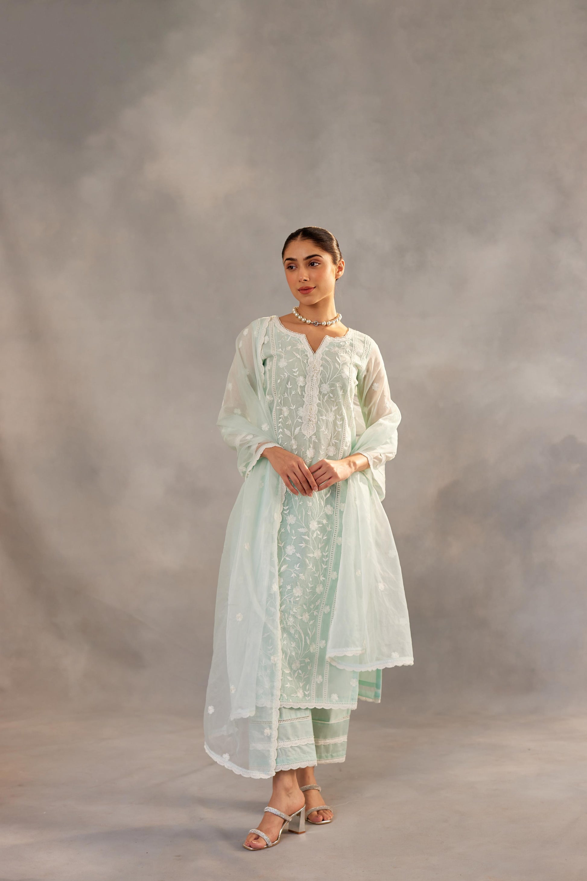 Gulbahar - Mint Green Embroidered Suit Set.- NV