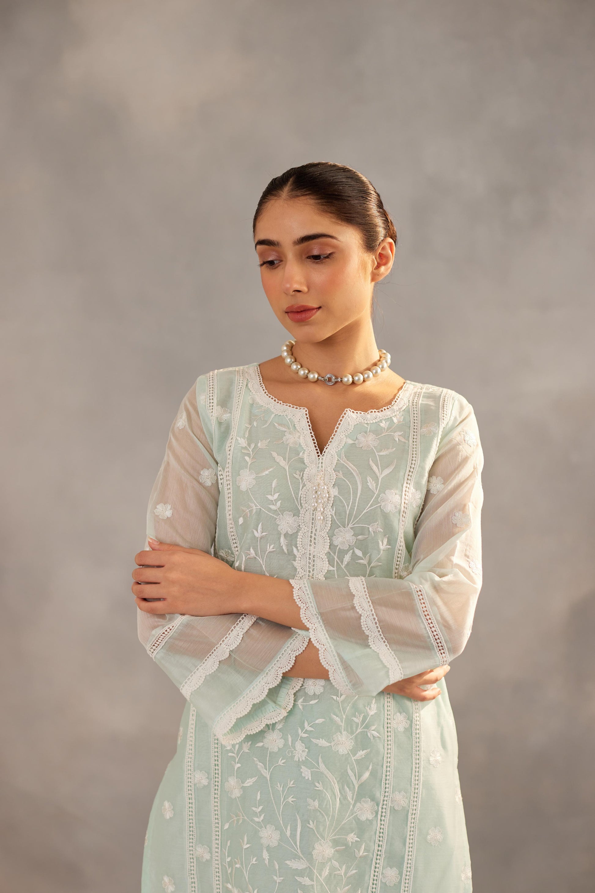 Gulbahar - Mint Green Embroidered Suit Set.- NV