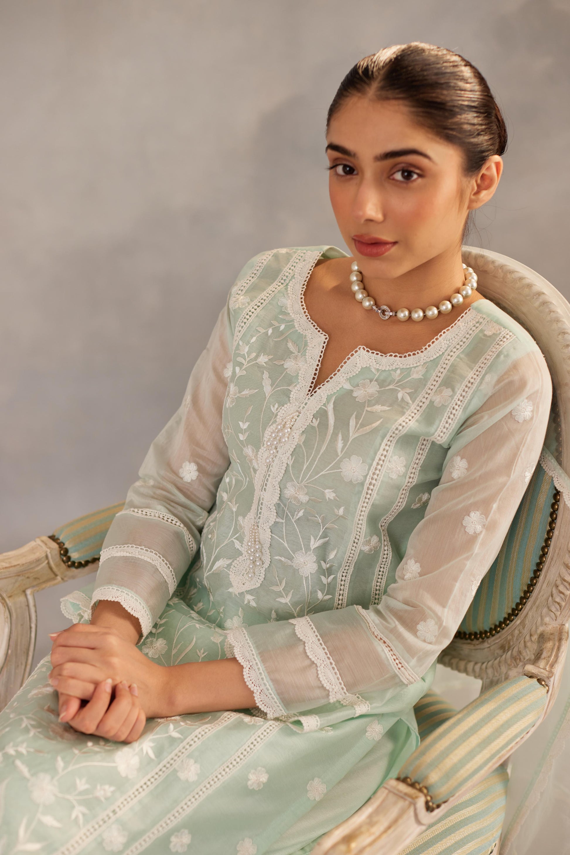 Gulbahar - Mint Green Embroidered Suit Set.- NV