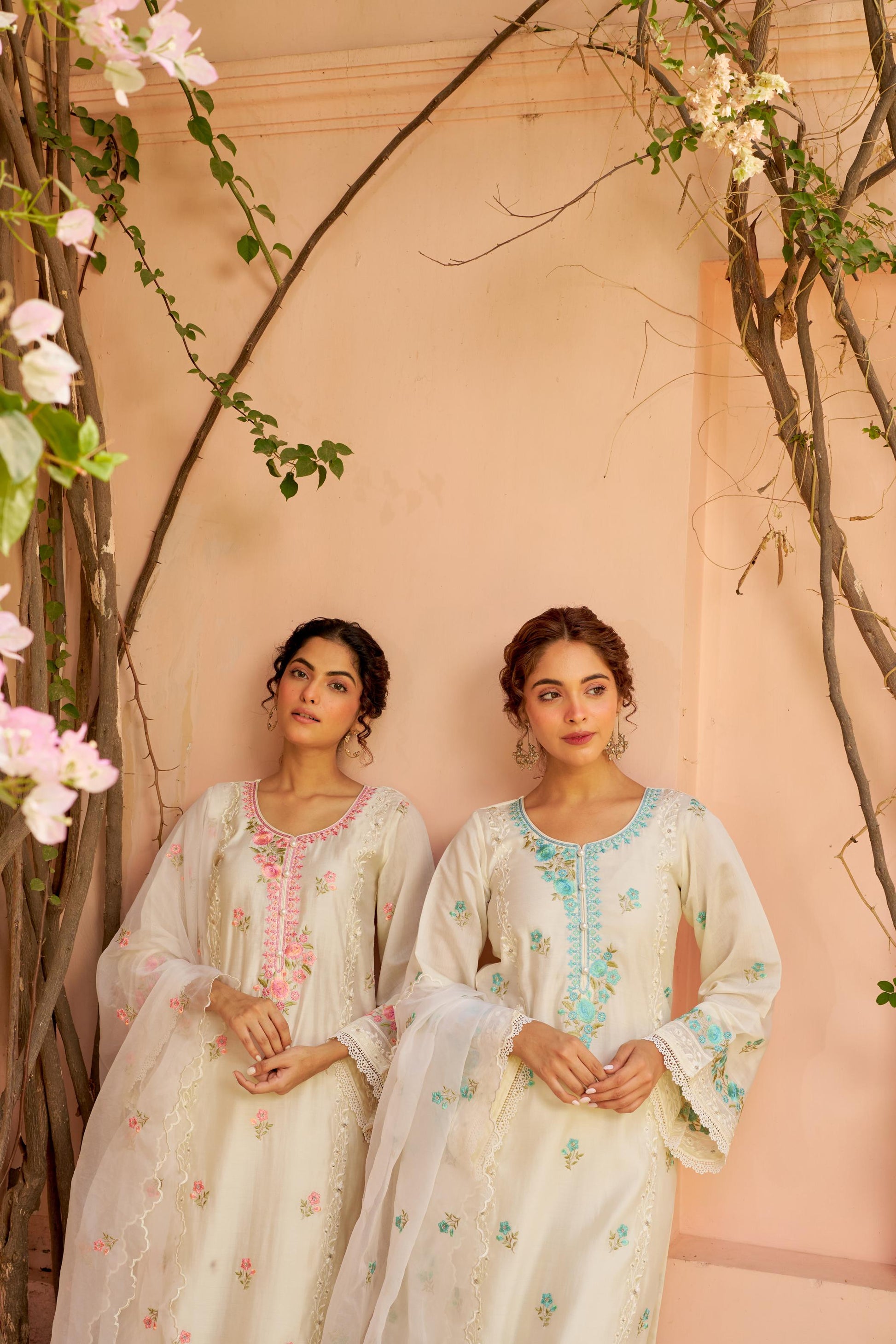 Banphool - Ivory White Chanderi Embroidered Suit Set.- NV