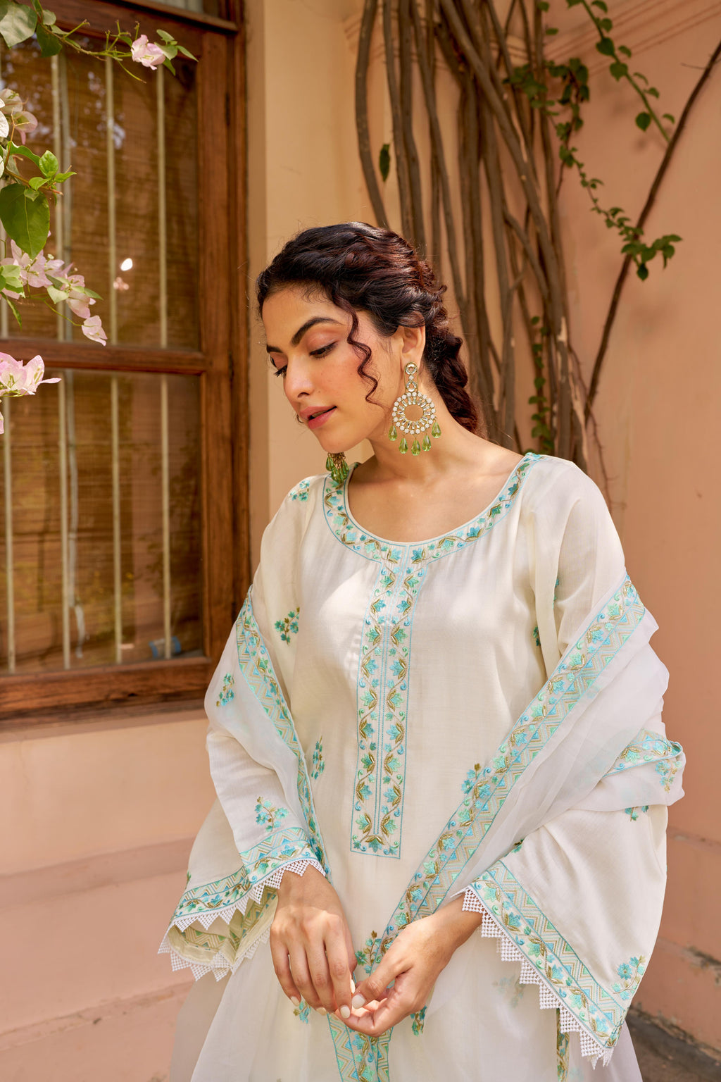 Asoniya - Ivory White Chanderi Embroidered Suit Set.- NV