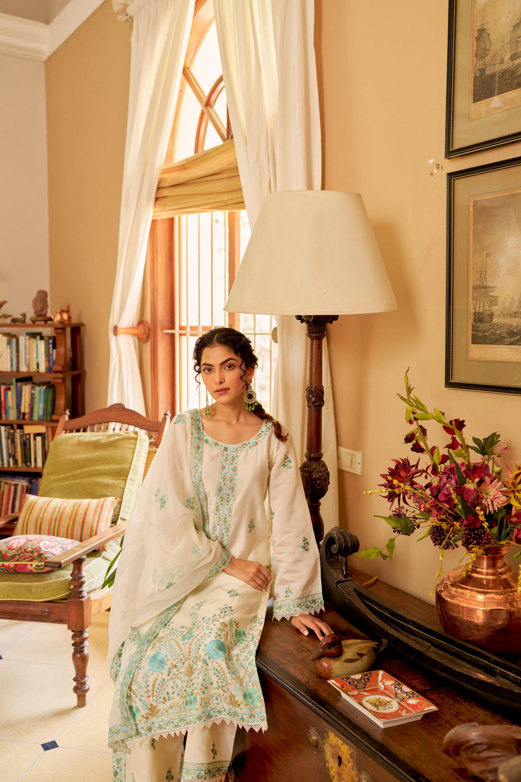 Asoniya - Ivory White Chanderi Embroidered Suit Set.- NV