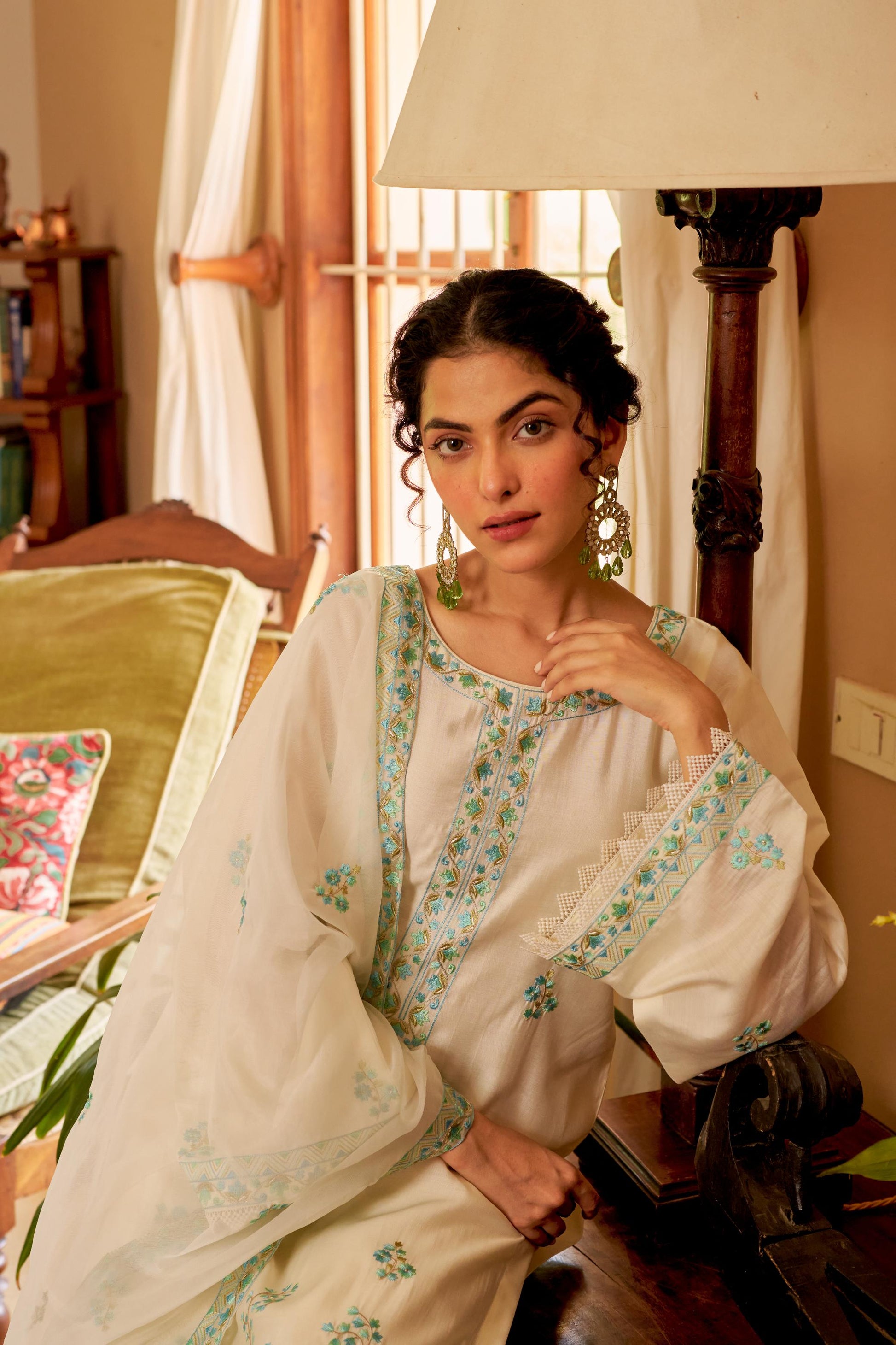 Asoniya - Ivory White Chanderi Embroidered Suit Set.- NV