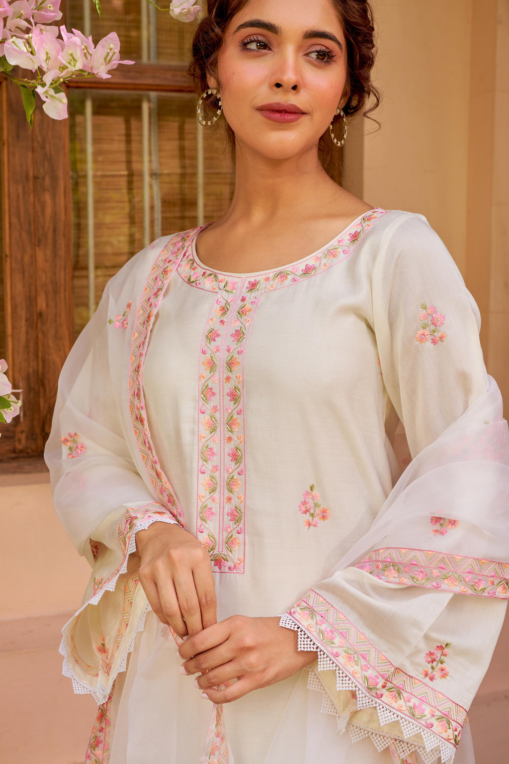 Gul-Khera - Ivory White Chanderi Embroidered Suit Set.- NV