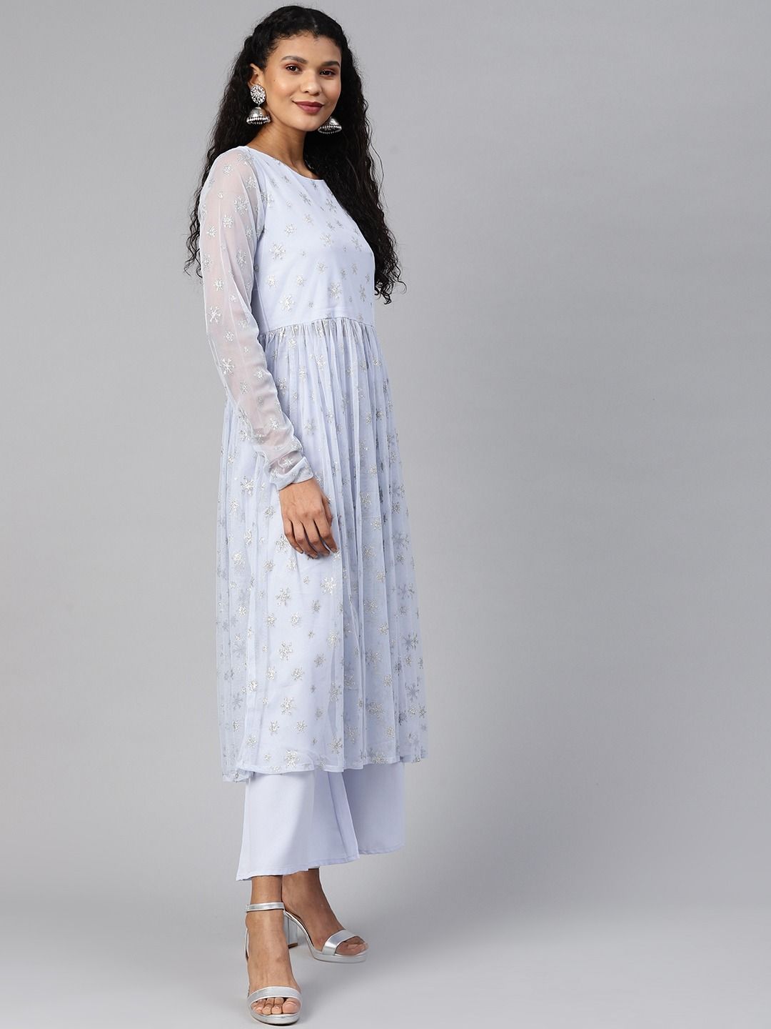 Blue Net Silver Glitter Printed Kurta Palazzo Set