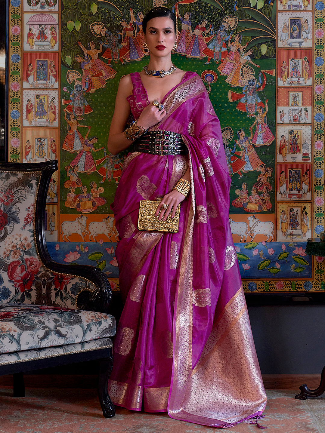 Organza Purple Embellished Designer Saree With Blouse