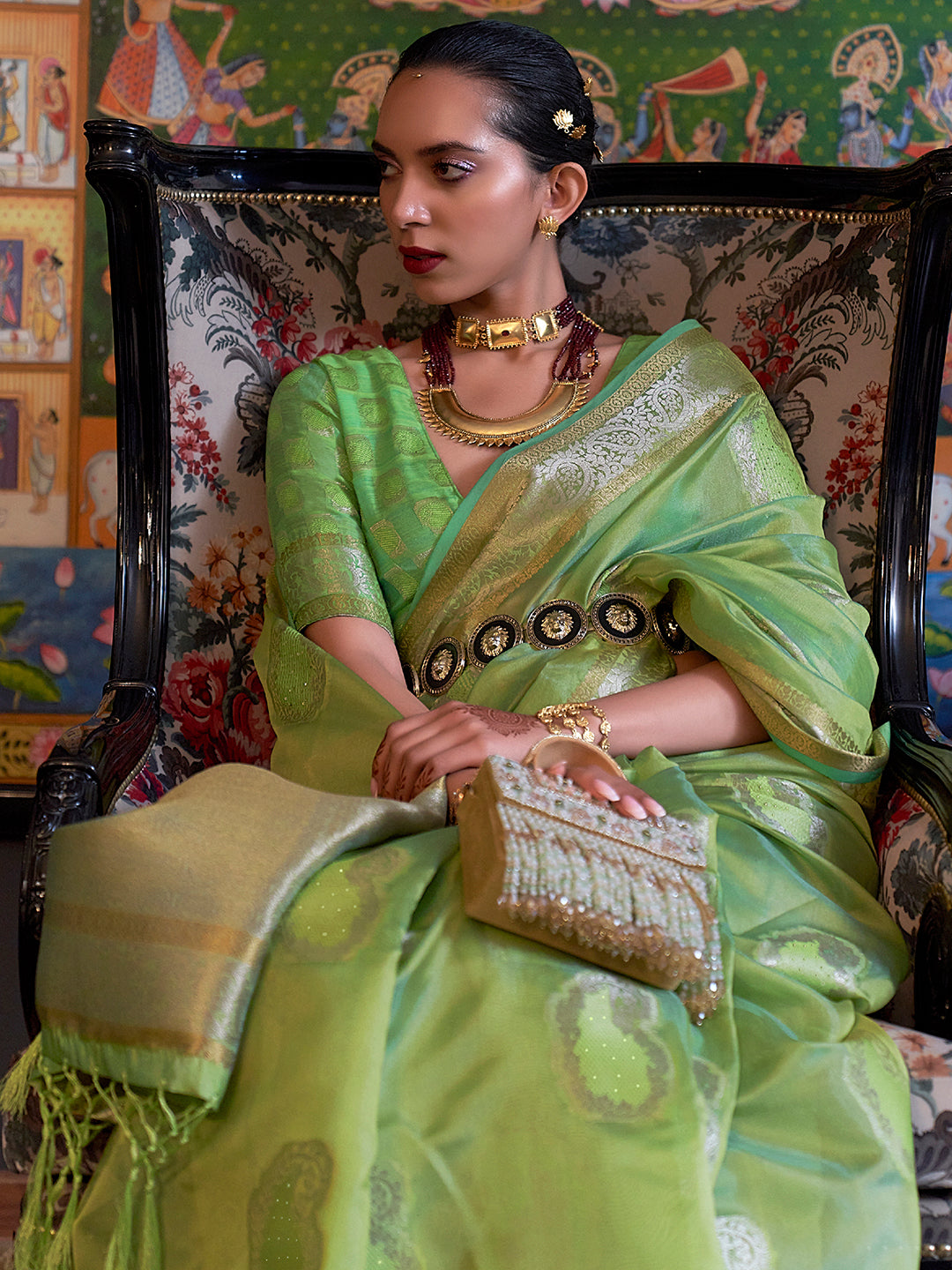 Organza Green Embellished Designer Saree With Blouse