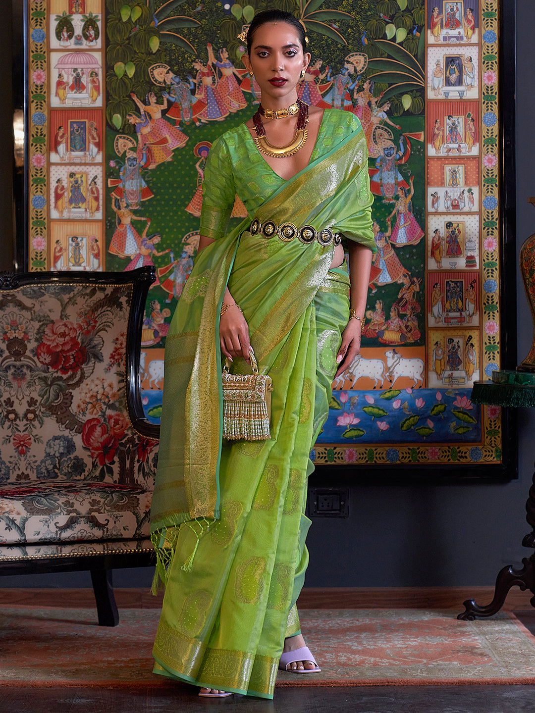 Organza Green Embellished Designer Saree With Blouse