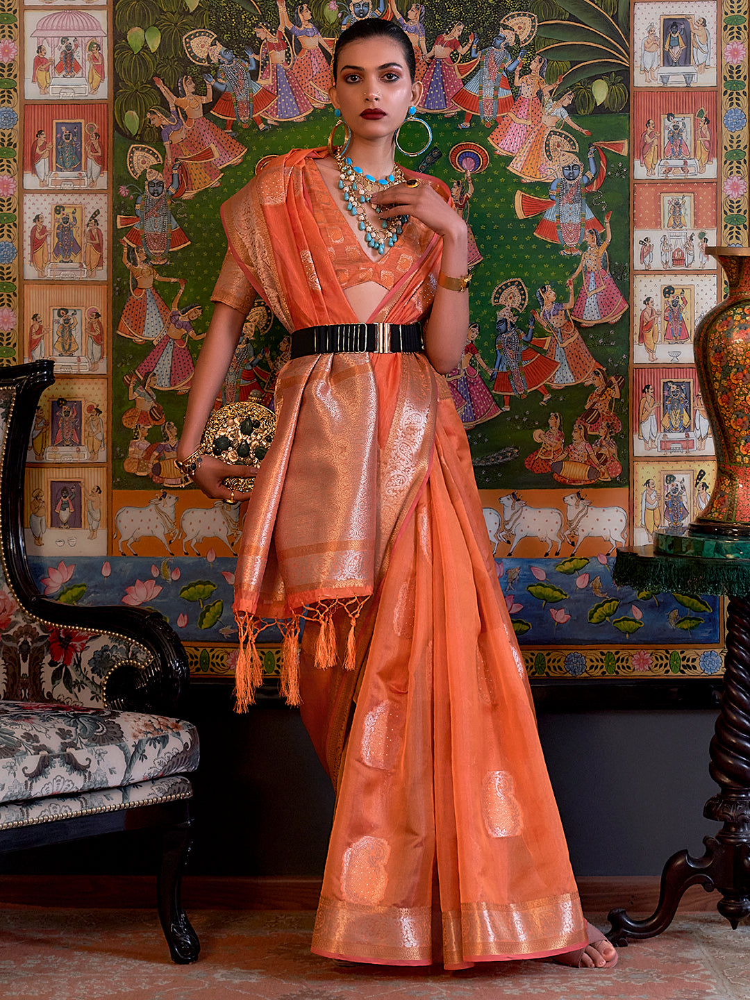 Organza Peach Embellished Designer Saree With Blouse